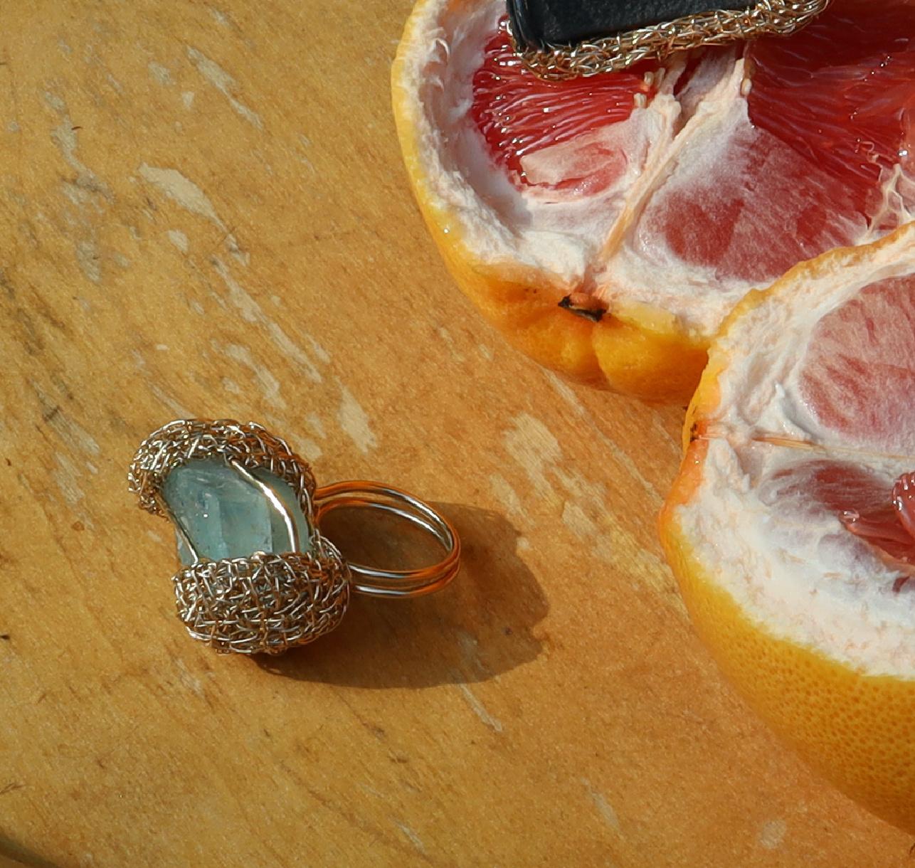 Raw Aquamarine 14 k Yellow gold-filled One of a Kind blue stone Cocktail Ring  For Sale 2