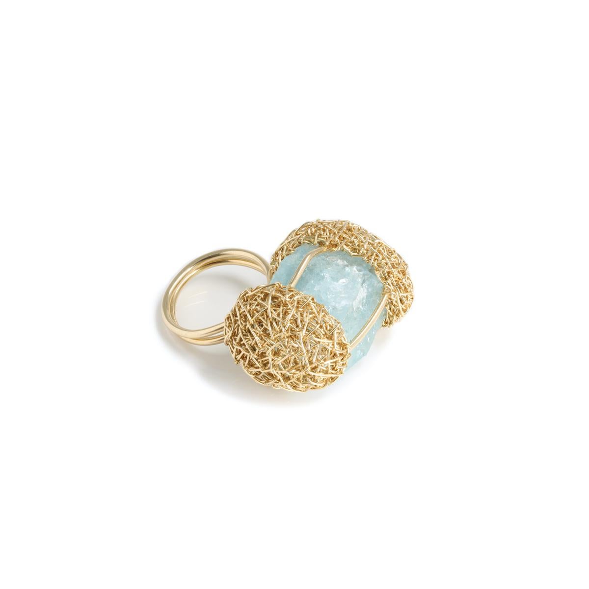 Raw Aquamarine 14 k Yellow gold-filled One of a Kind blue stone Cocktail Ring  For Sale 6
