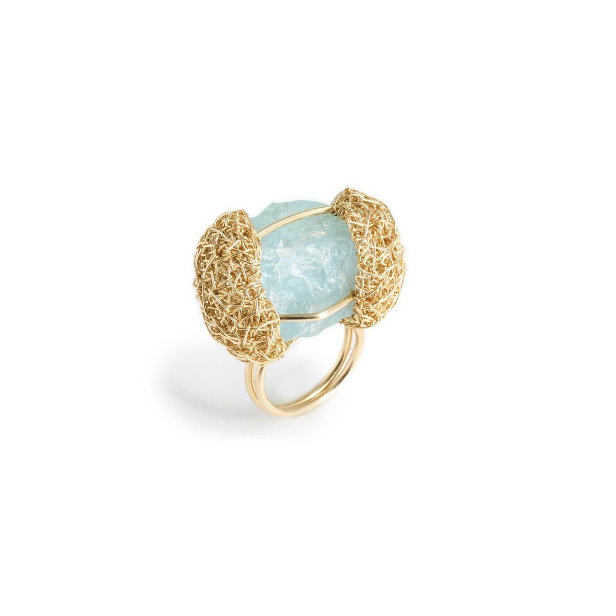 Contemporary Raw Aquamarine 14 k Yellow gold-filled One of a Kind blue stone Cocktail Ring  For Sale