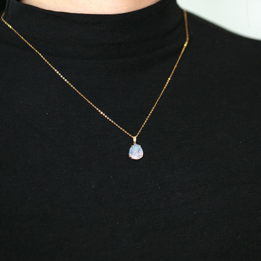 Arts and Crafts Raw Australian Black Opal Pendant Necklace 14K Yellow Gold For Sale