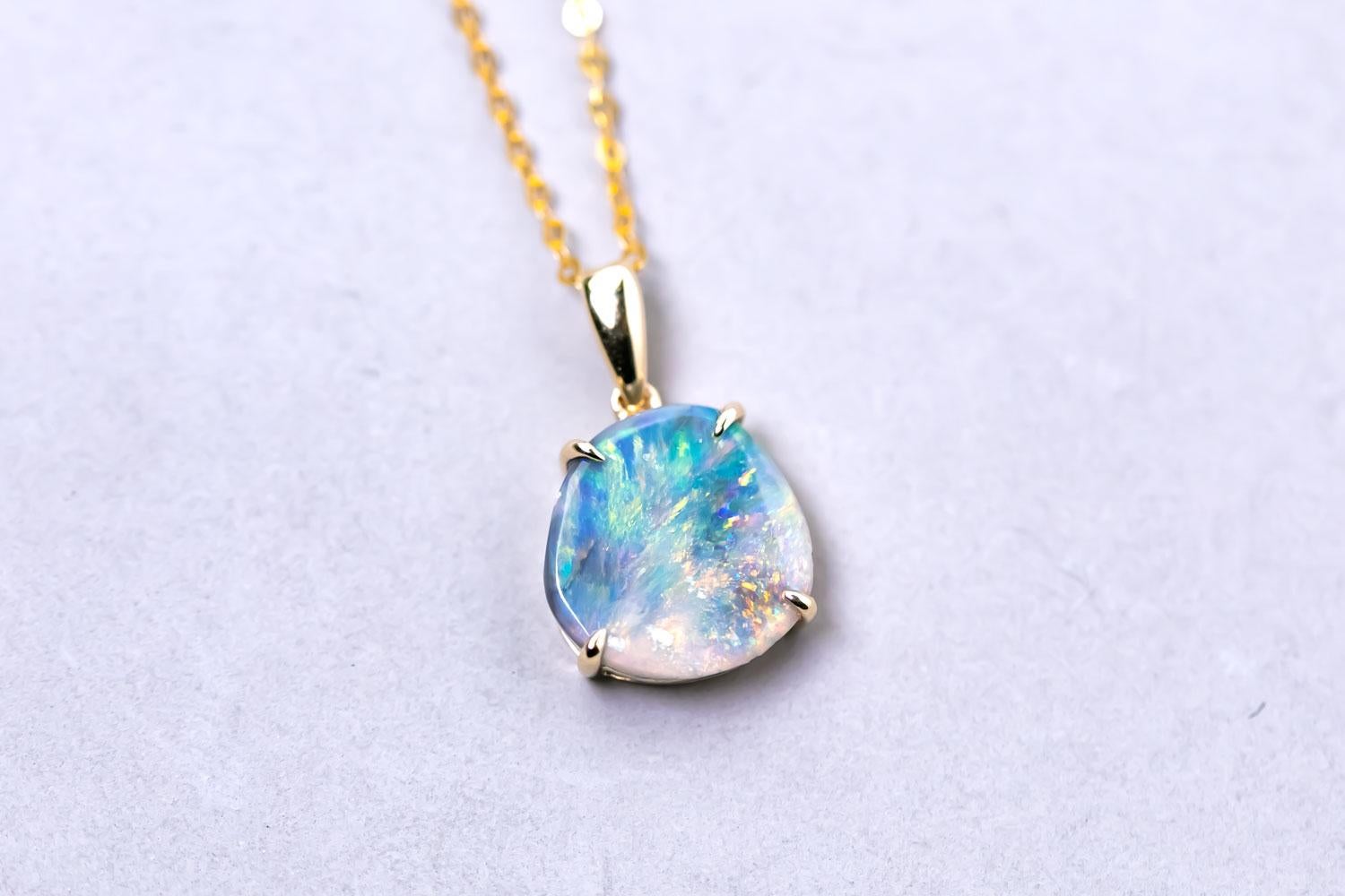Women's Raw Australian Black Opal Pendant Necklace 14K Yellow Gold For Sale