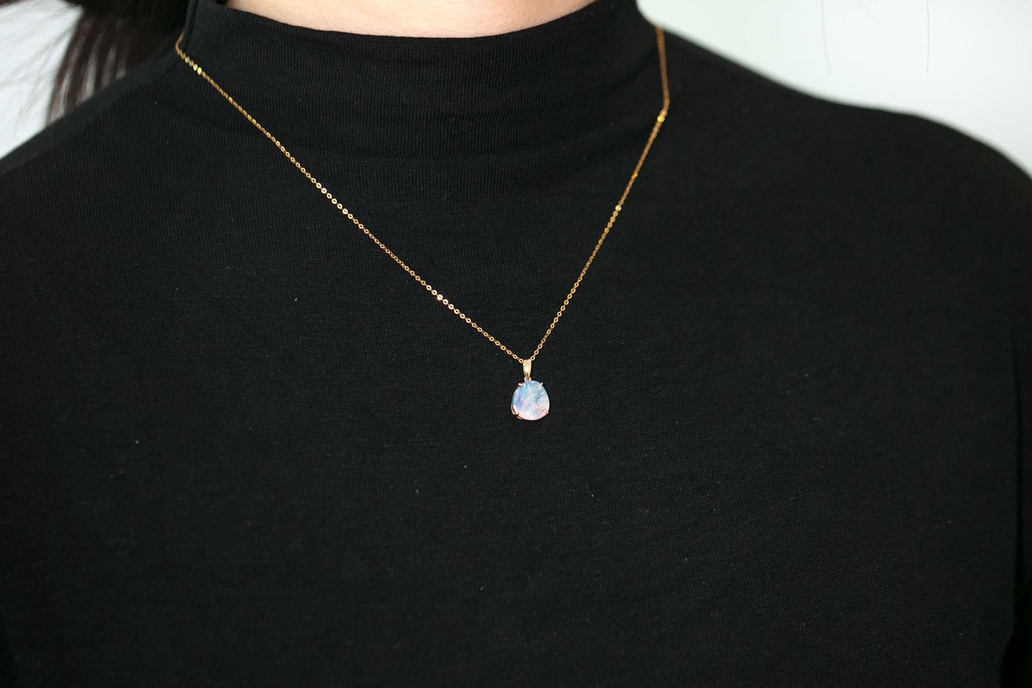 Raw Australian Black Opal Pendant Necklace 14K Yellow Gold For Sale 1