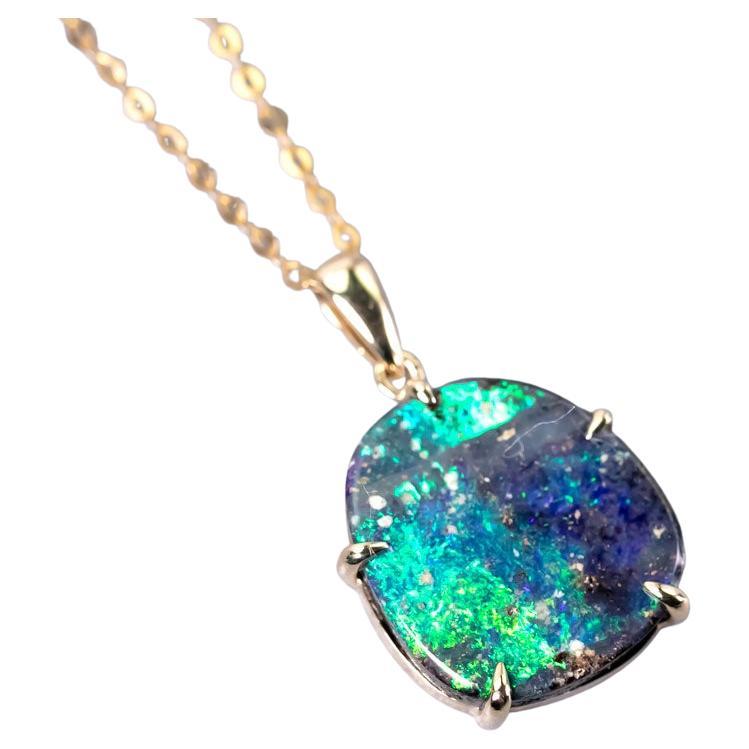 Collier en or jaune 14K avec pendentif en opale de roche australienne brute