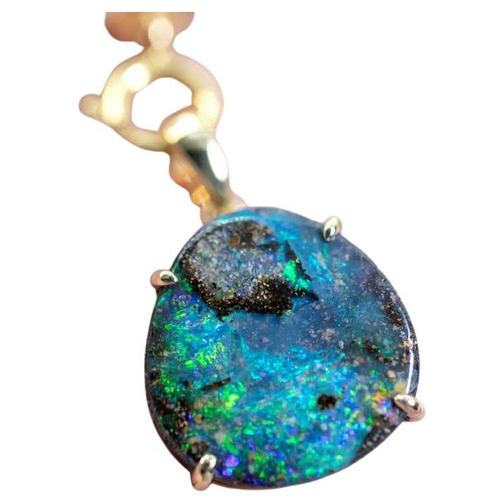 Raw Australian Boulder Opal Pendant Necklace 18K Yellow Gold