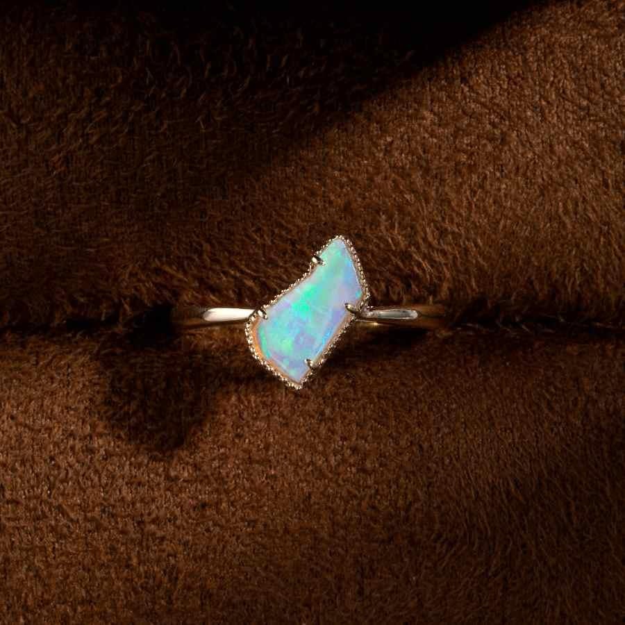 Arts and Crafts Raw Australian Solid Opal Engagement Ring 18K Yellow Gold