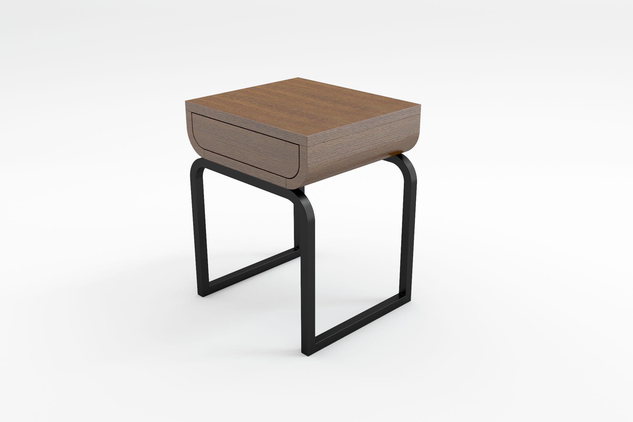Varnished Raw Bedside Table - Modern Bedside Table in Natural Wenge with Wrought Iron Base For Sale