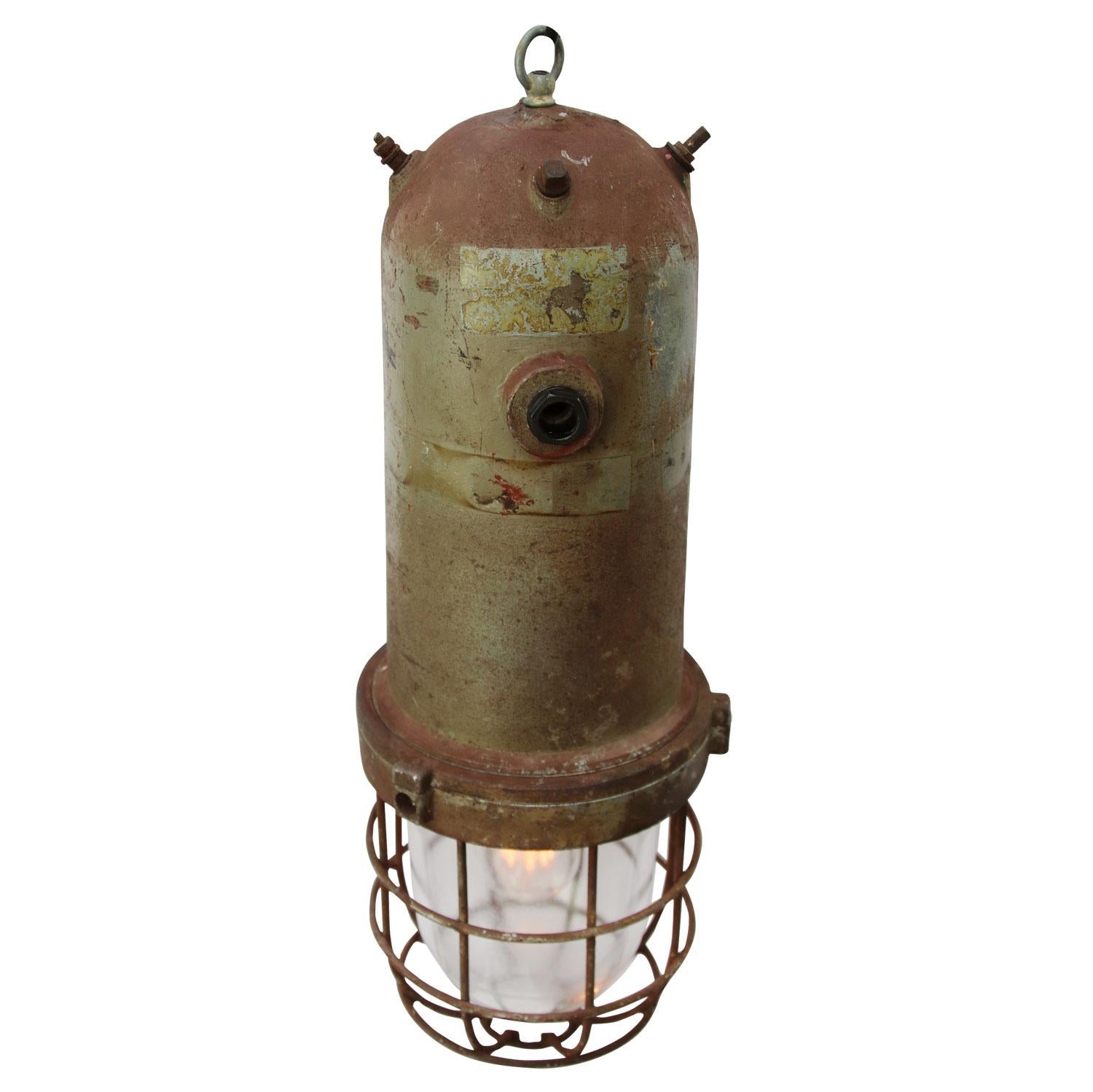vintage European Industrial pendant
cast aluminum top, clear glass

Weight: 6.60 kg / 14.6 lb

Priced per individual item. All lamps have been made suitable by international standards for incandescent light bulbs, energy-efficient and LED