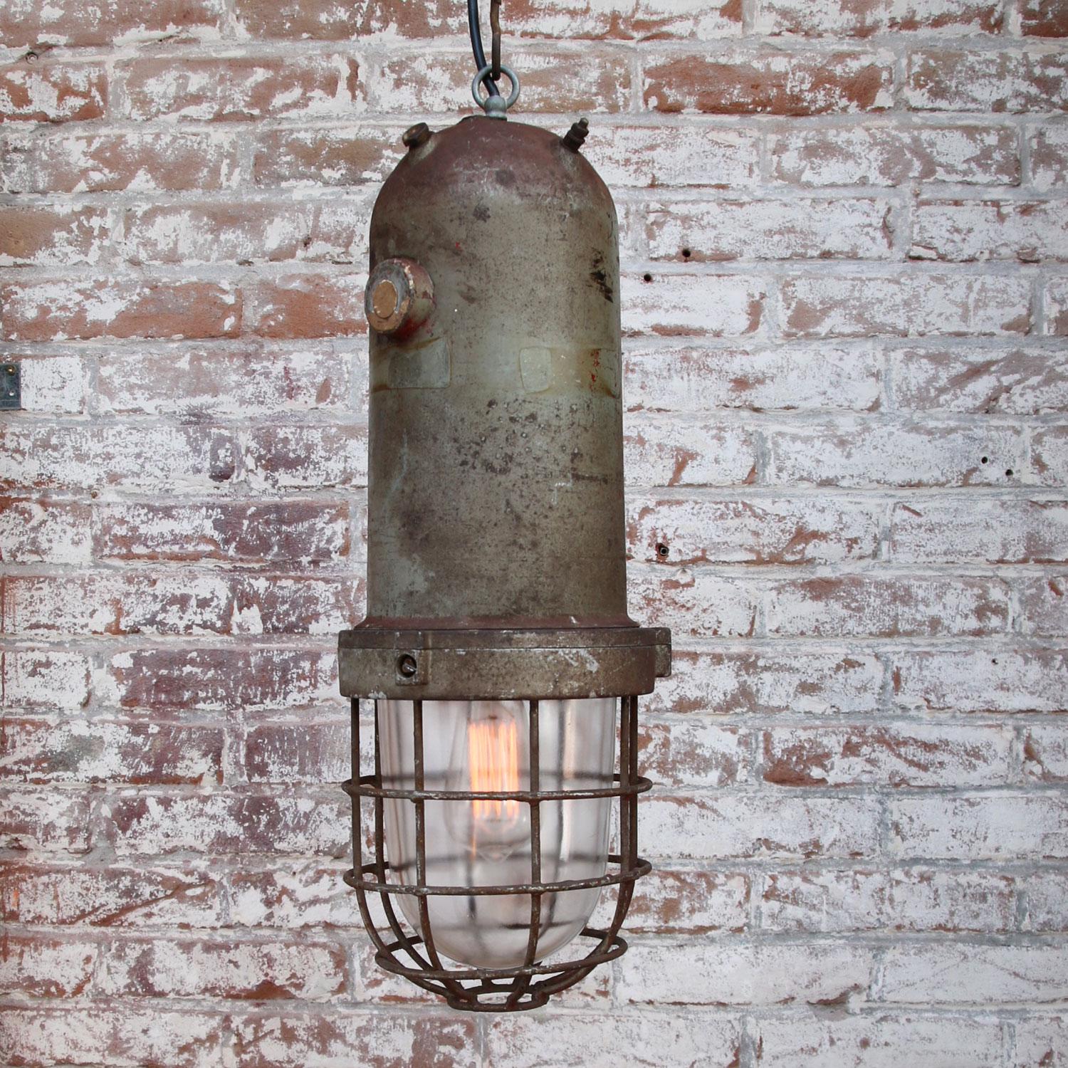 Hungarian Raw Cast Aluminum Vintage European Industrial Cage Clear Glass Pendant Lamp