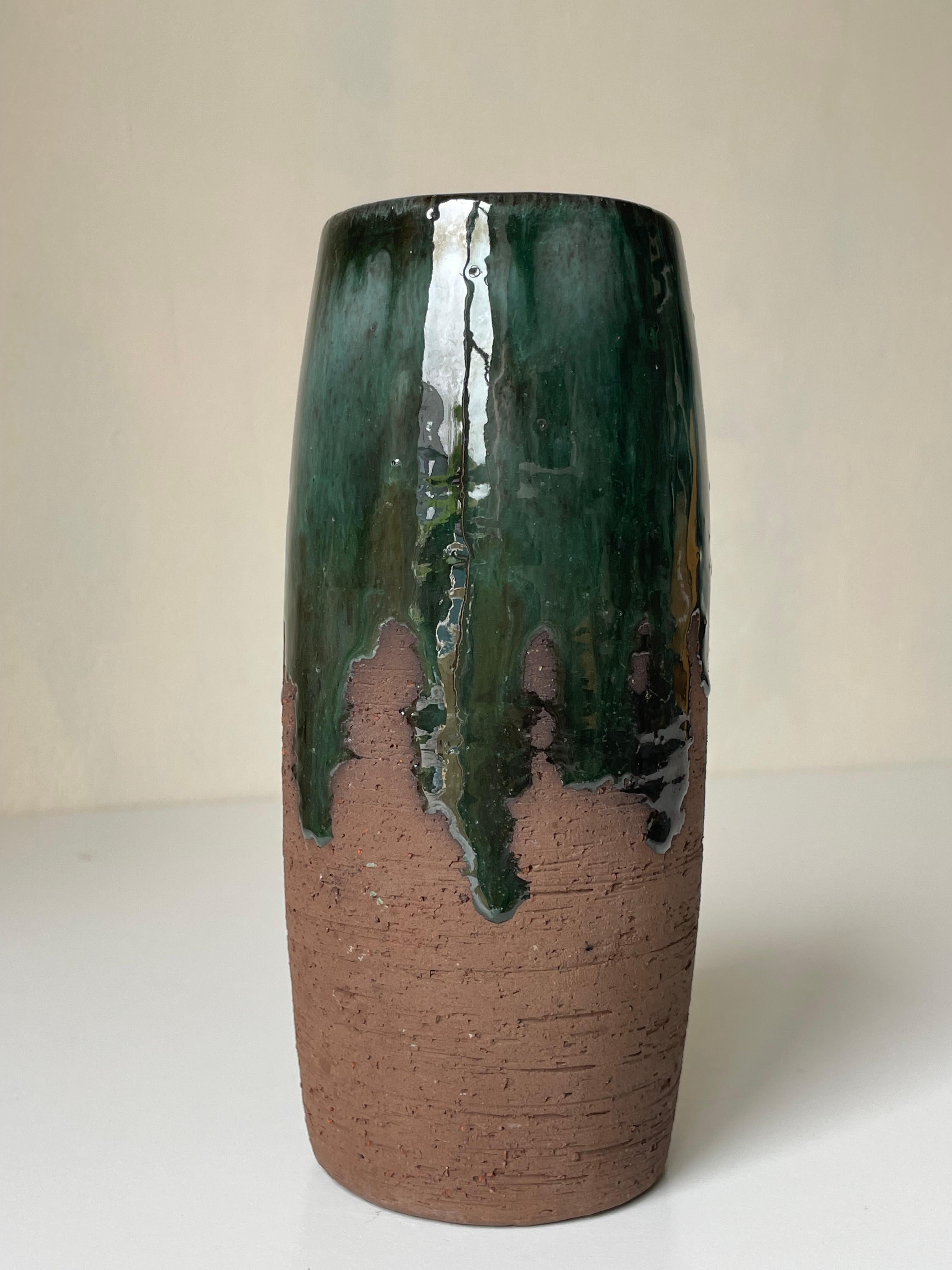 Rustic Chamotte Green Running Glazed Vase, 1960s For Sale 2