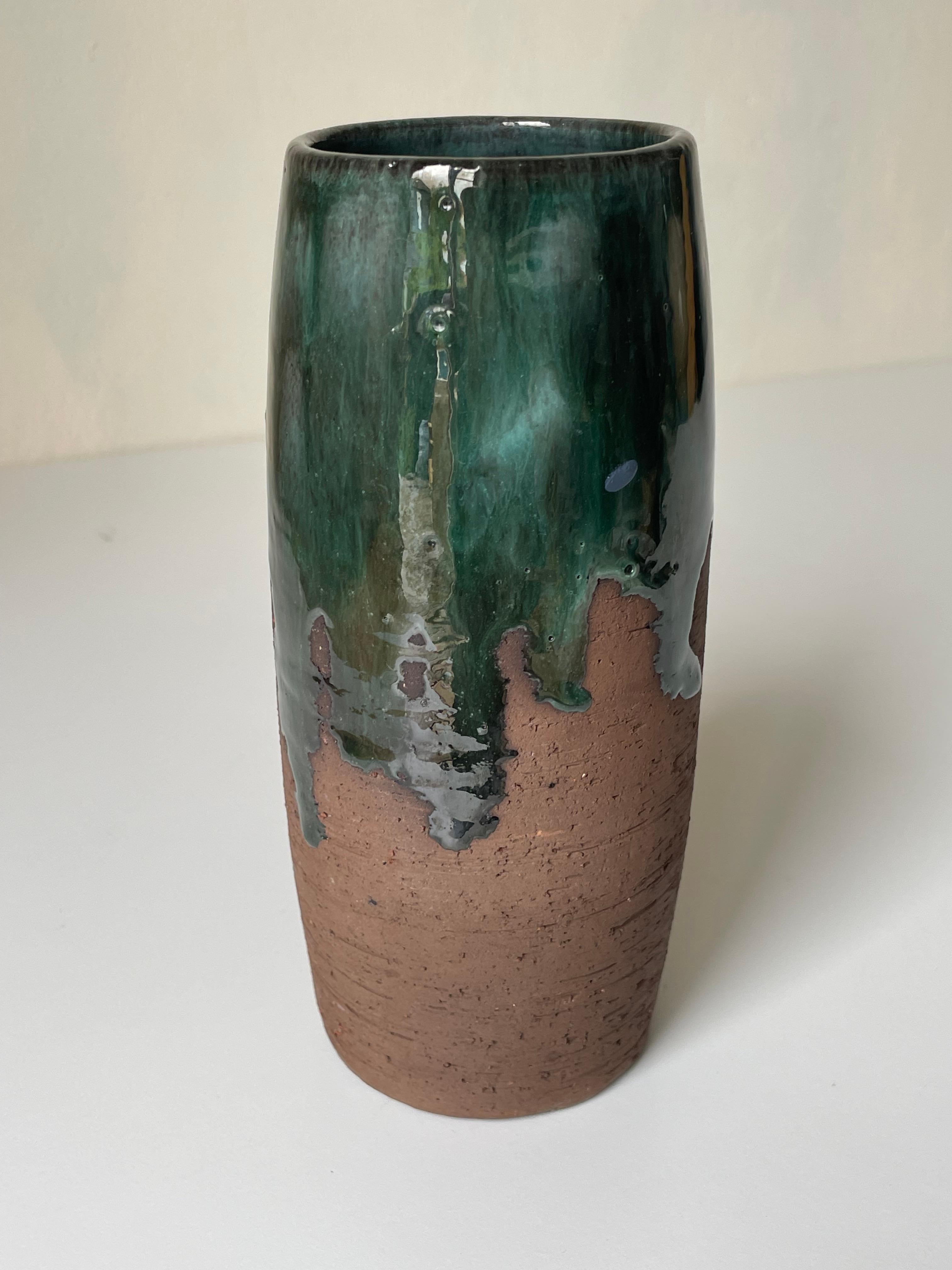 Rustic Chamotte Green Running Glazed Vase, 1960s For Sale 3