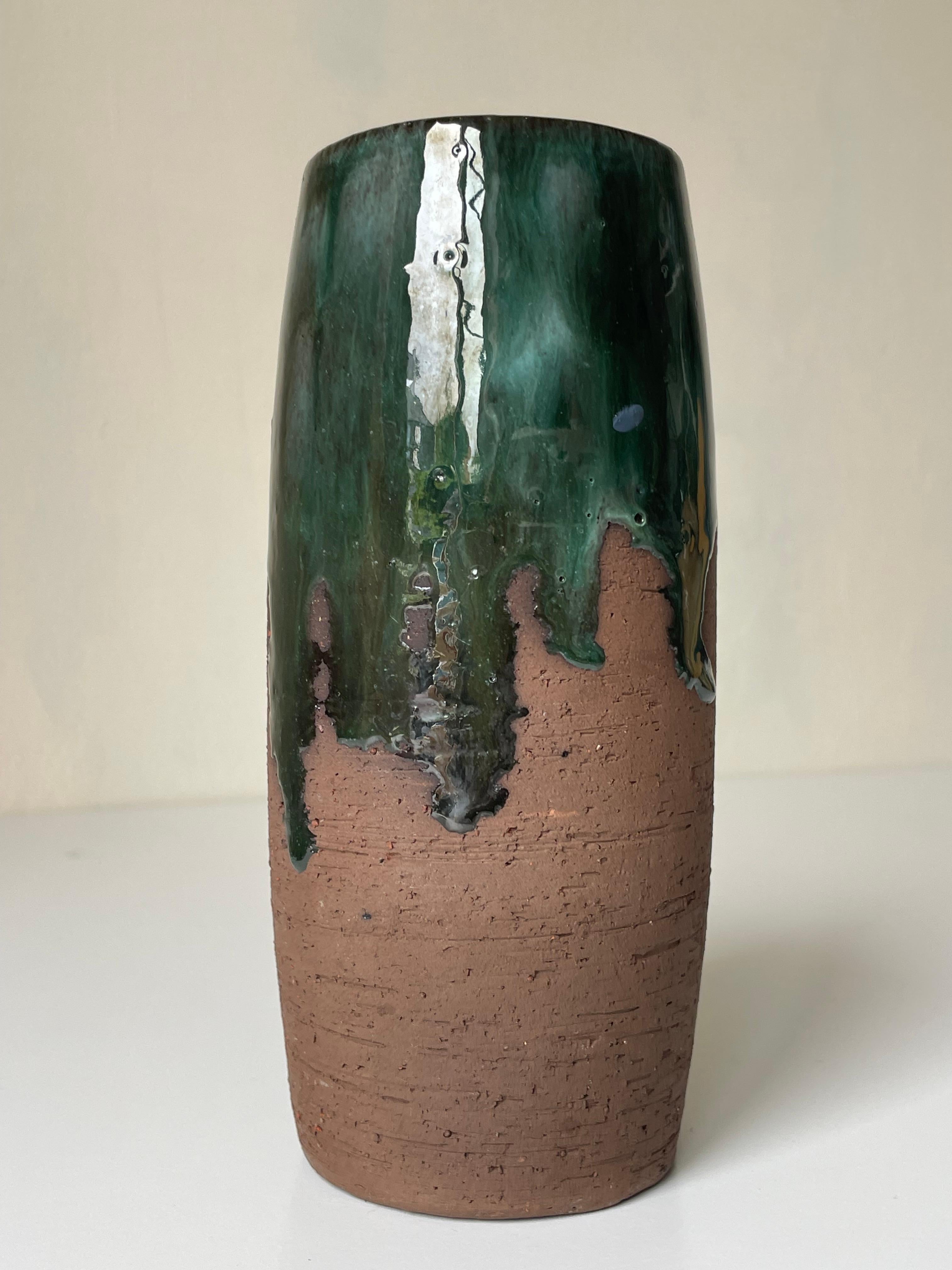 Rustic Chamotte Green Running Glazed Vase, 1960s For Sale 4