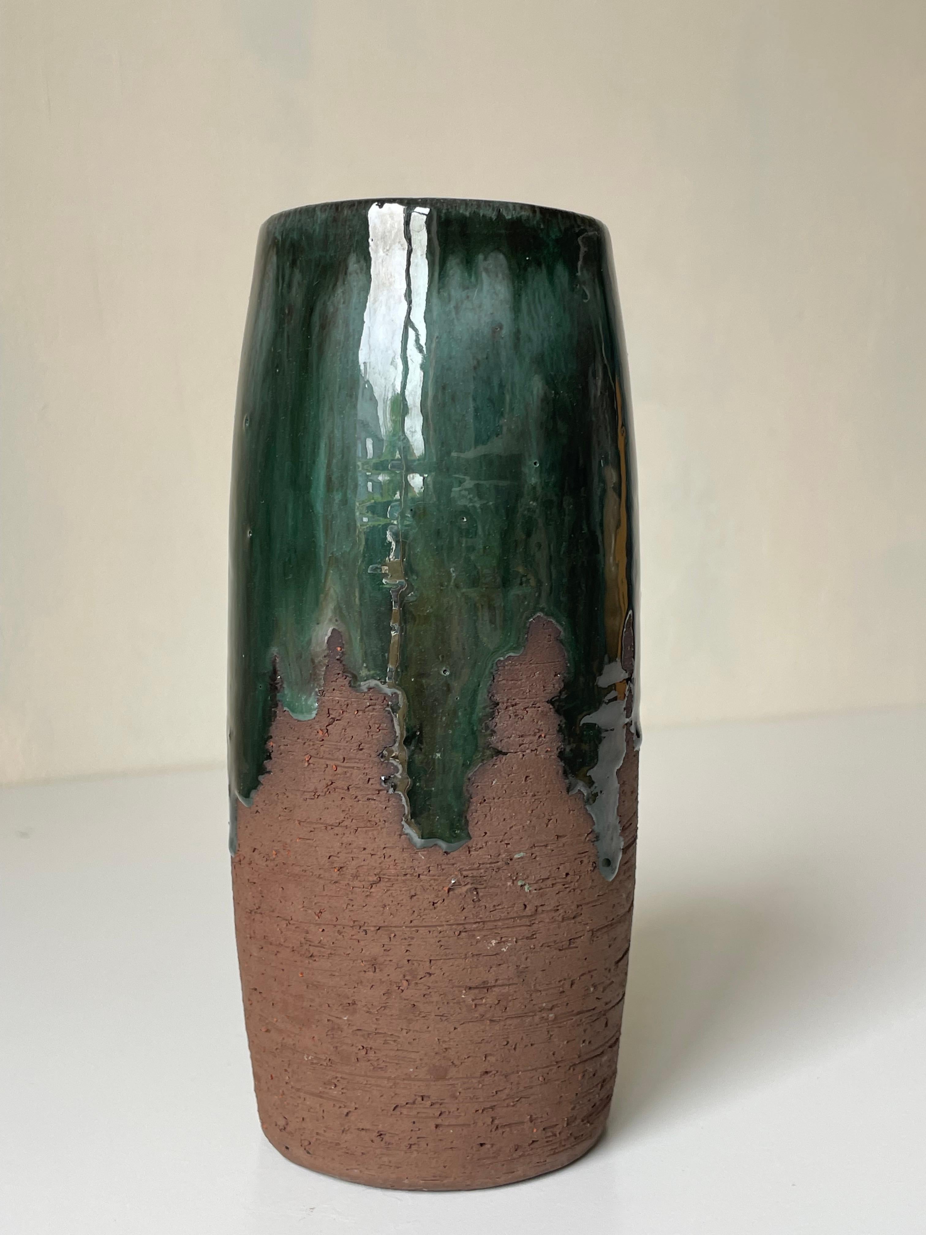 Rustic Chamotte Green Running Glazed Vase, 1960s For Sale 7