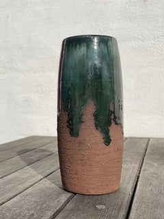 Rustic Chamotte Green Running Glazed Vase, 1960s