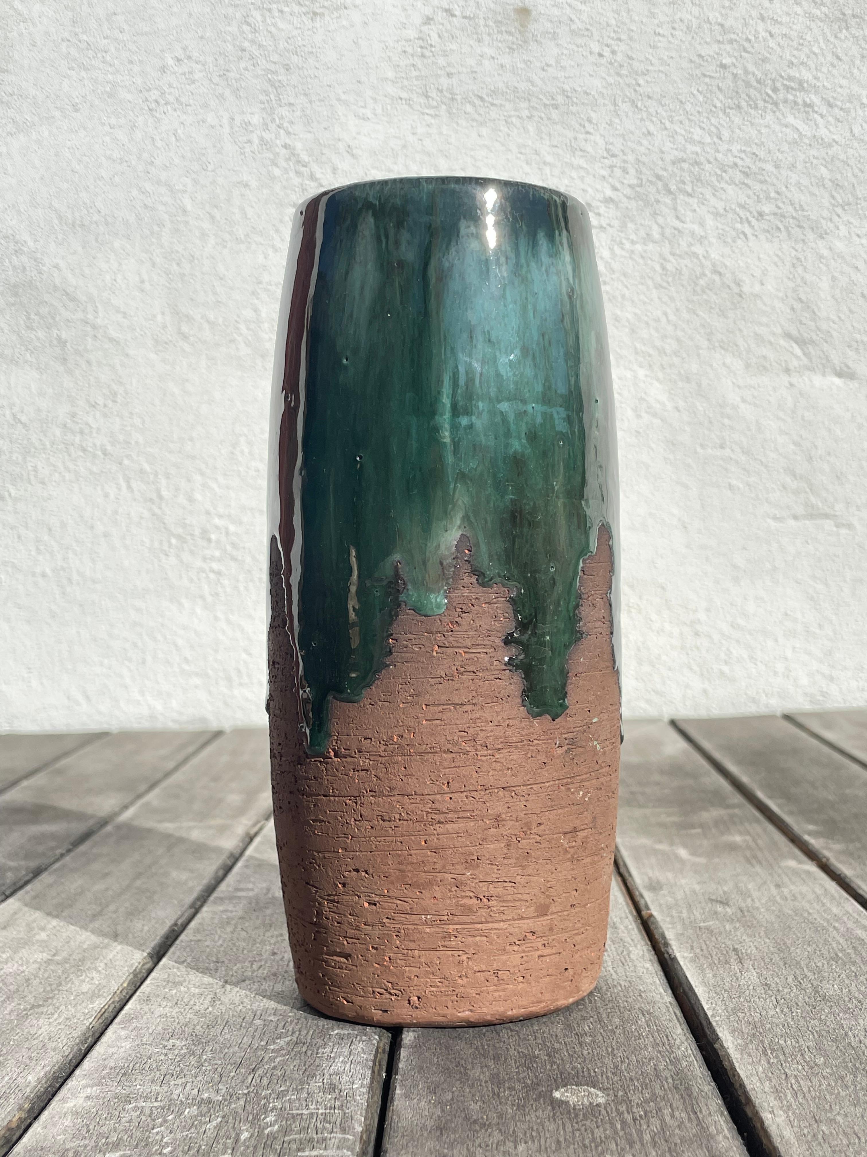Mid-Century Modern Rustic Chamotte Green Running Glazed Vase, 1960s For Sale