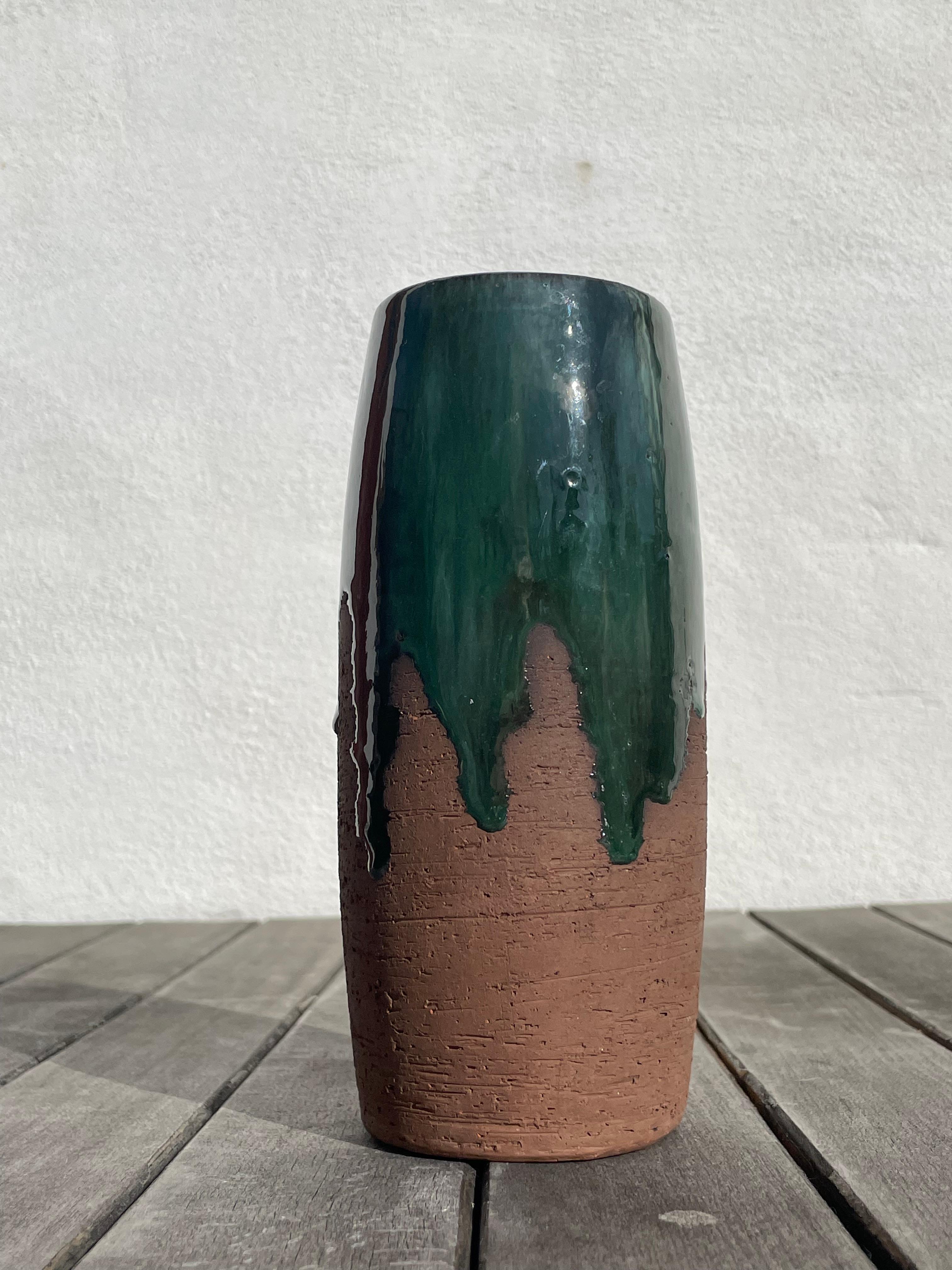 Unglazed Rustic Chamotte Green Running Glazed Vase, 1960s For Sale