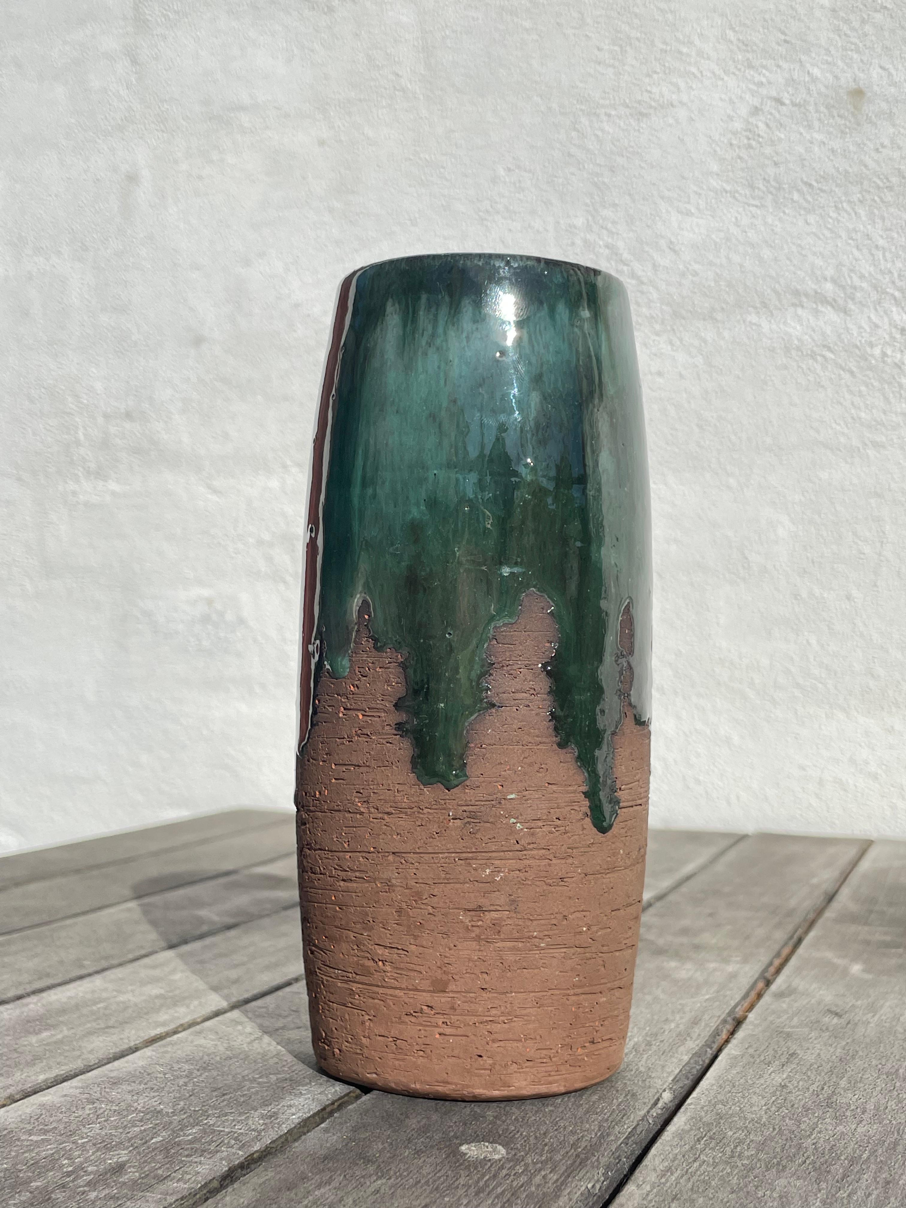 Rustic Chamotte Green Running Glazed Vase, 1960s In Good Condition For Sale In Copenhagen, DK