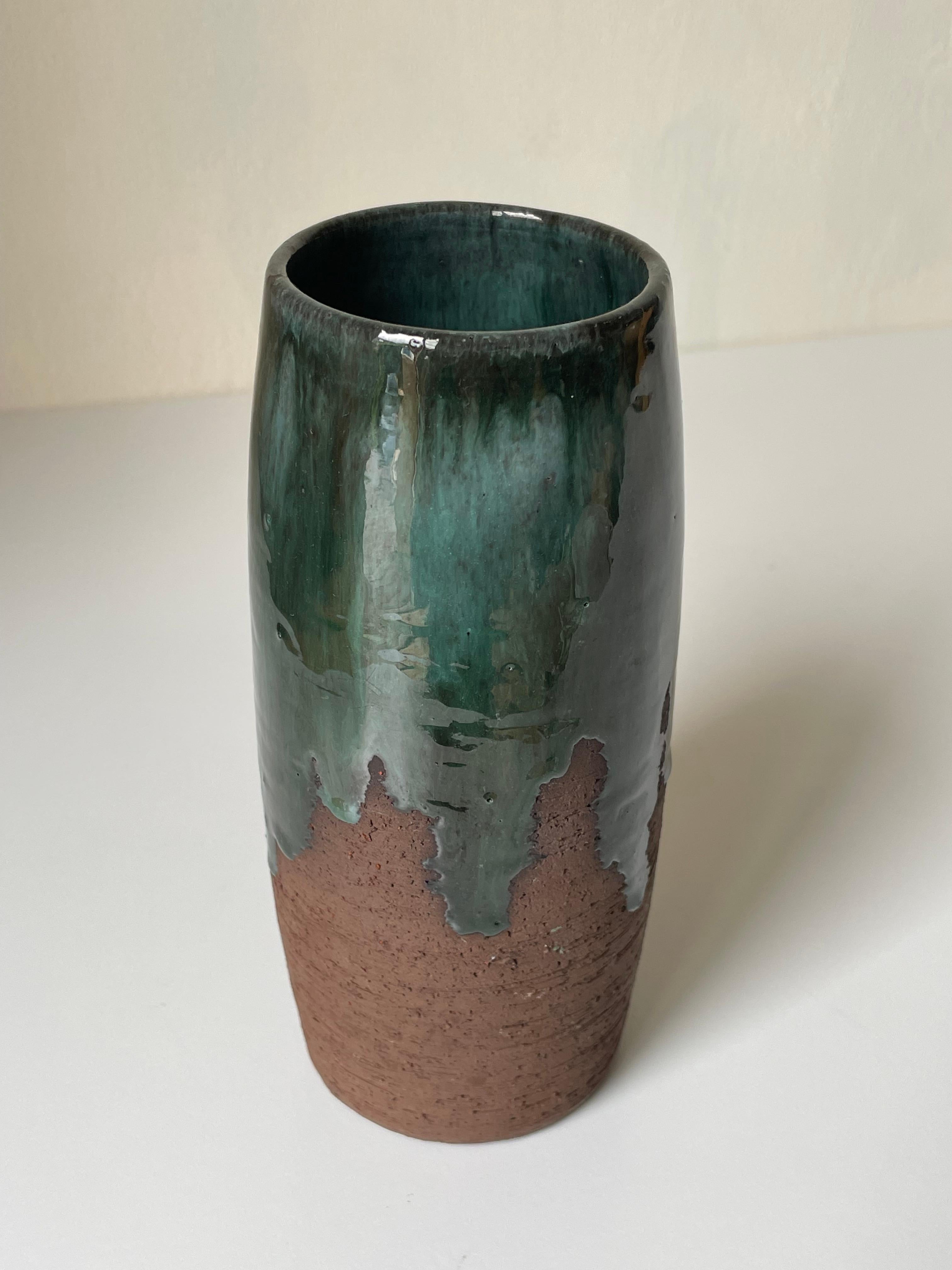 20th Century Rustic Chamotte Green Running Glazed Vase, 1960s For Sale