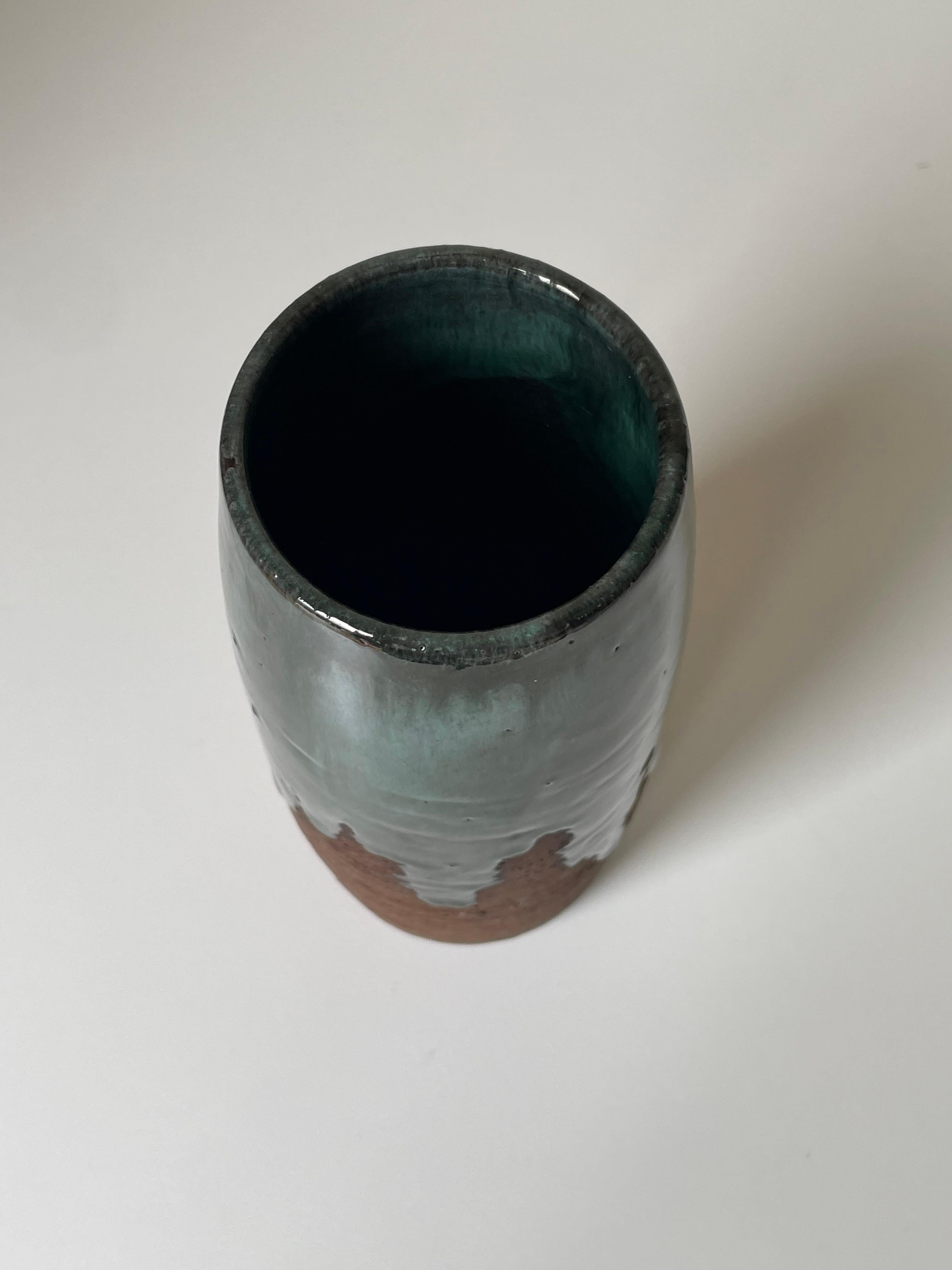Ceramic Rustic Chamotte Green Running Glazed Vase, 1960s For Sale