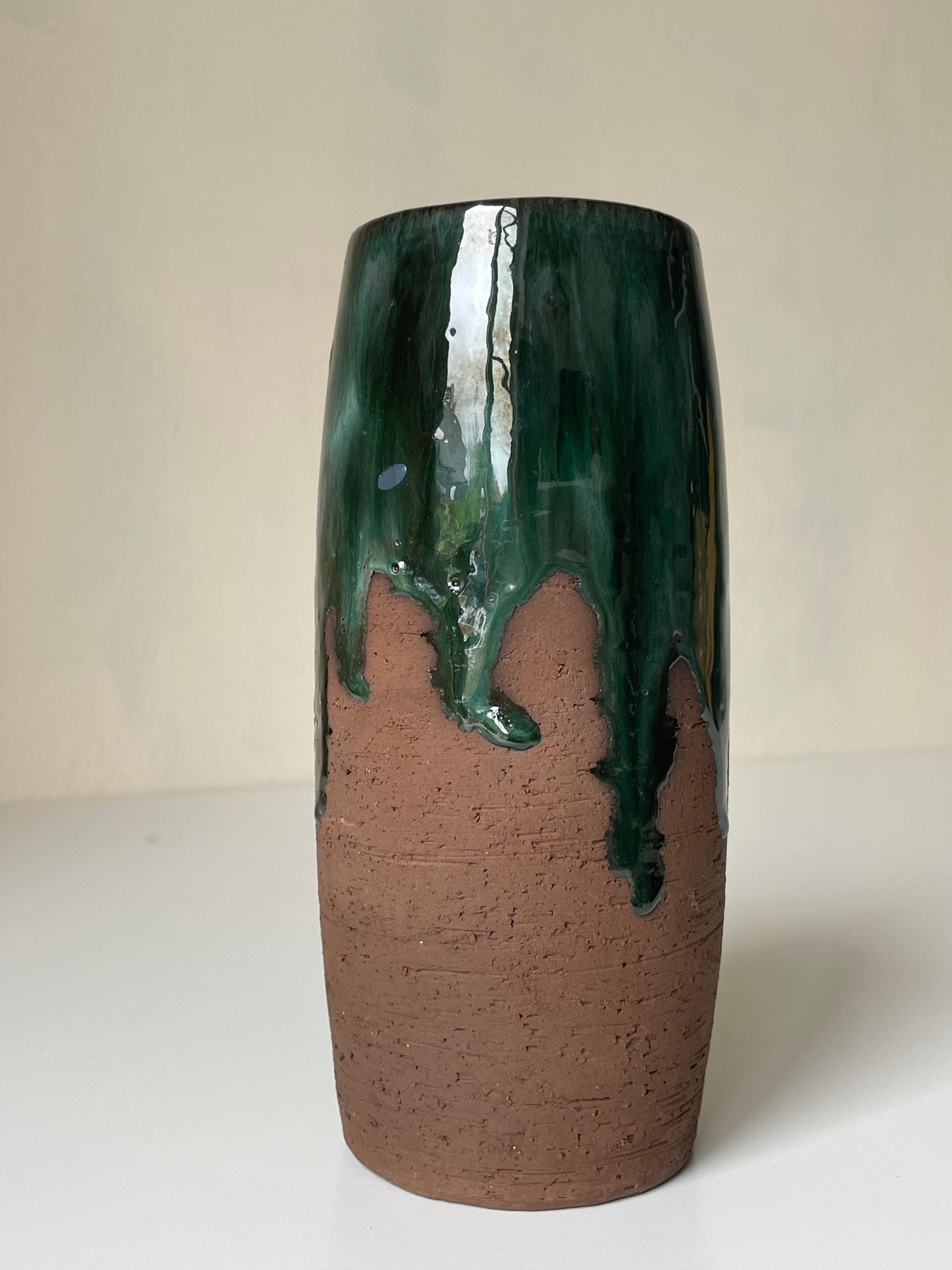 Rustic Chamotte Green Running Glazed Vase, 1960s For Sale 1