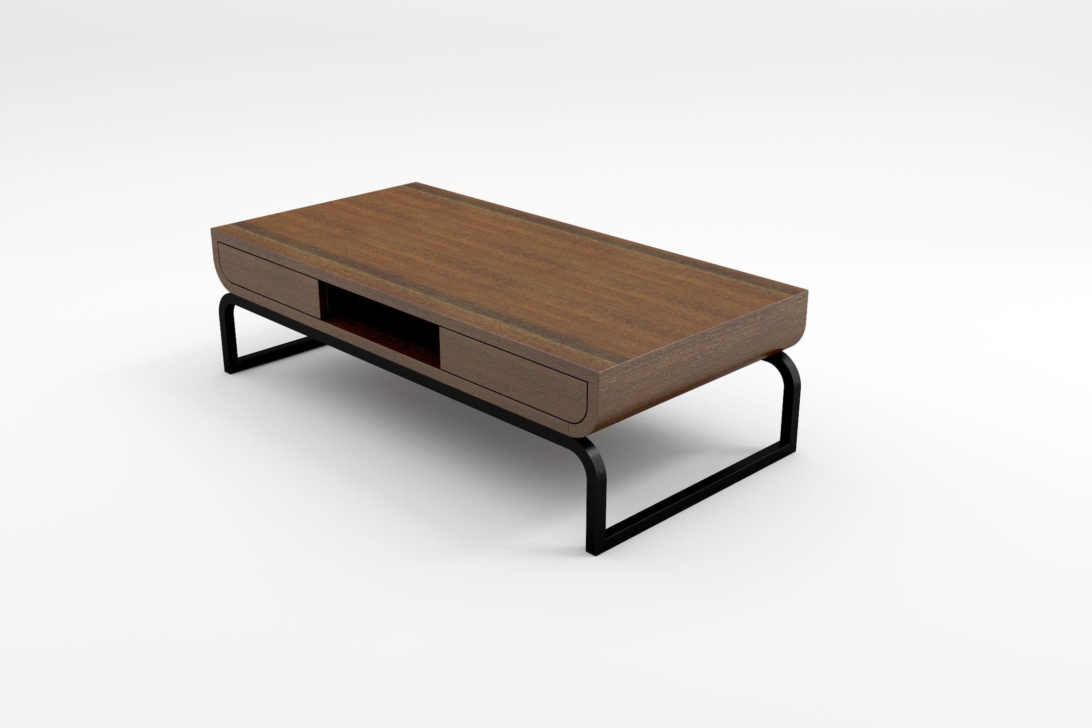 Varnished Raw Coffee Table - Modern Coffee Table in Natural Wenge with Wrought Iron Base For Sale