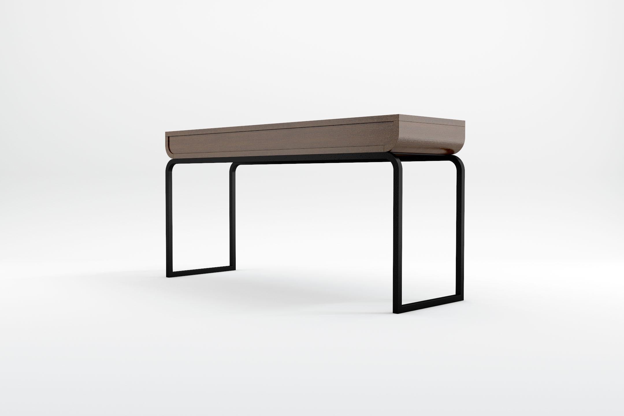 European Raw Console - Modern Console in Natural Wenge with Wrought Iron Base For Sale