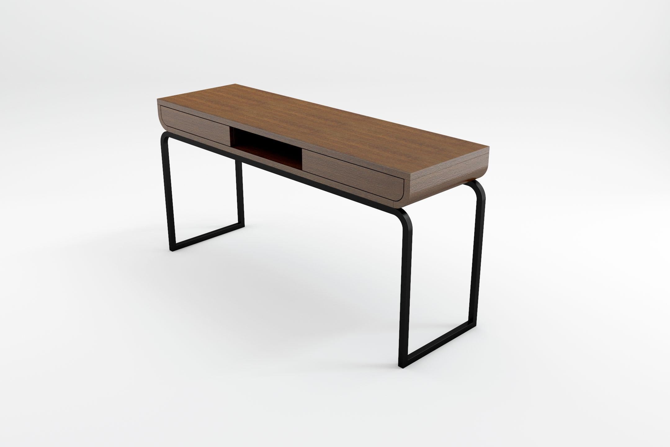 Varnished Raw Console - Modern Console in Natural Wenge with Wrought Iron Base For Sale