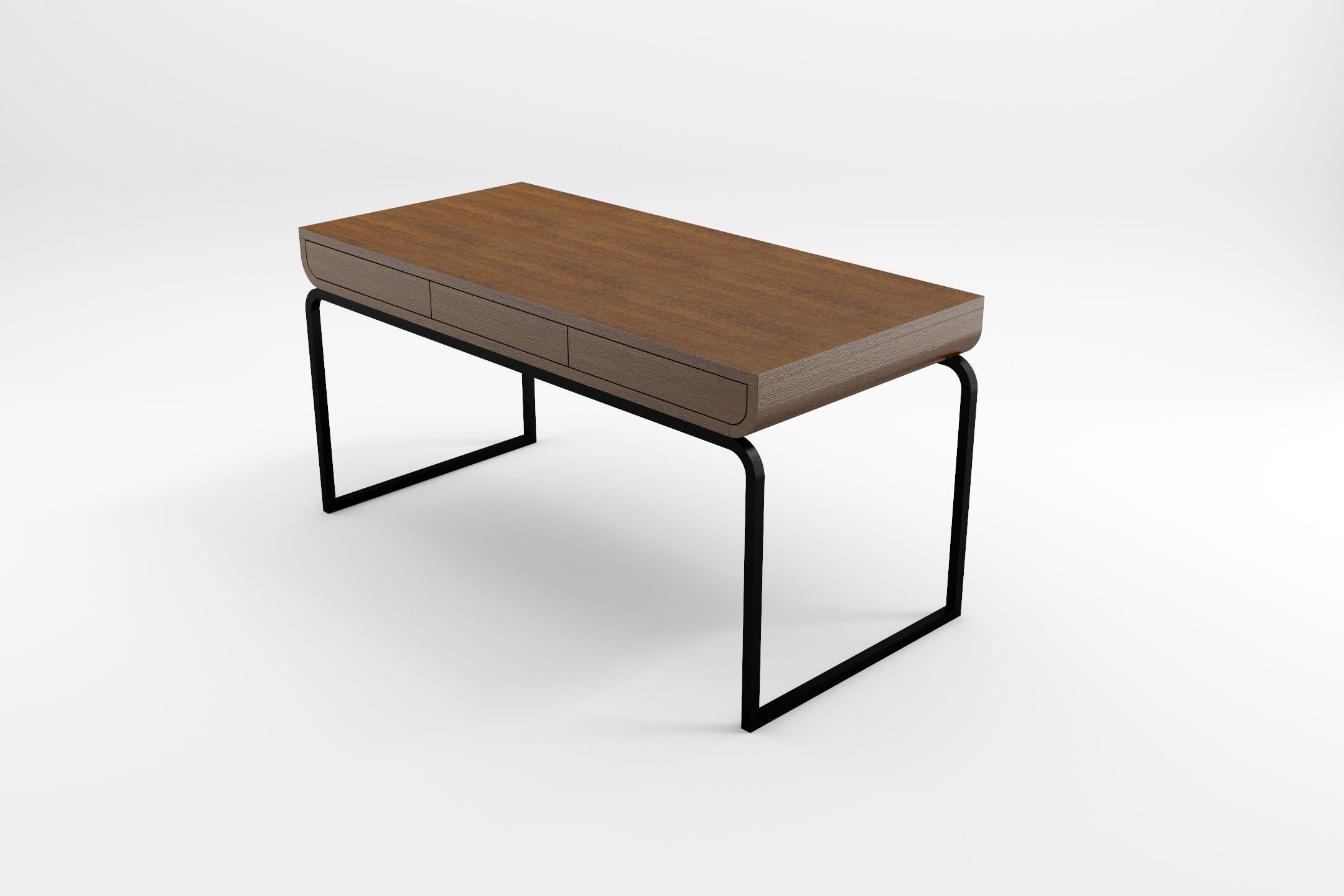 Varnished Raw Desk - Modern Desk in Natural Wenge with Wrought Iron Base For Sale