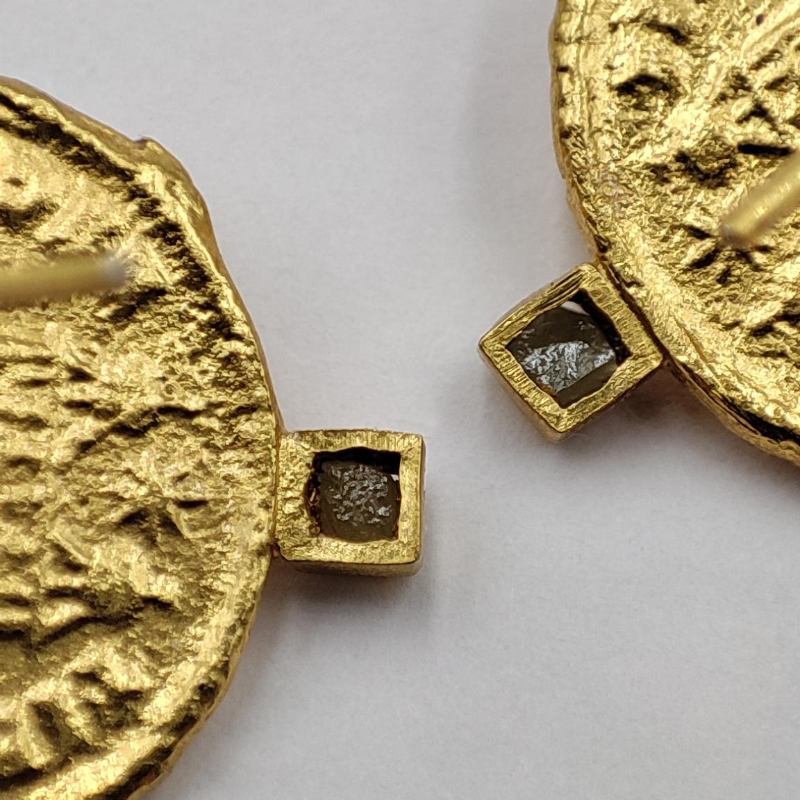 Uncut Raw Diamond Ancient Coins 24K Gold Plate Silver Contemporary Modern Earrings For Sale