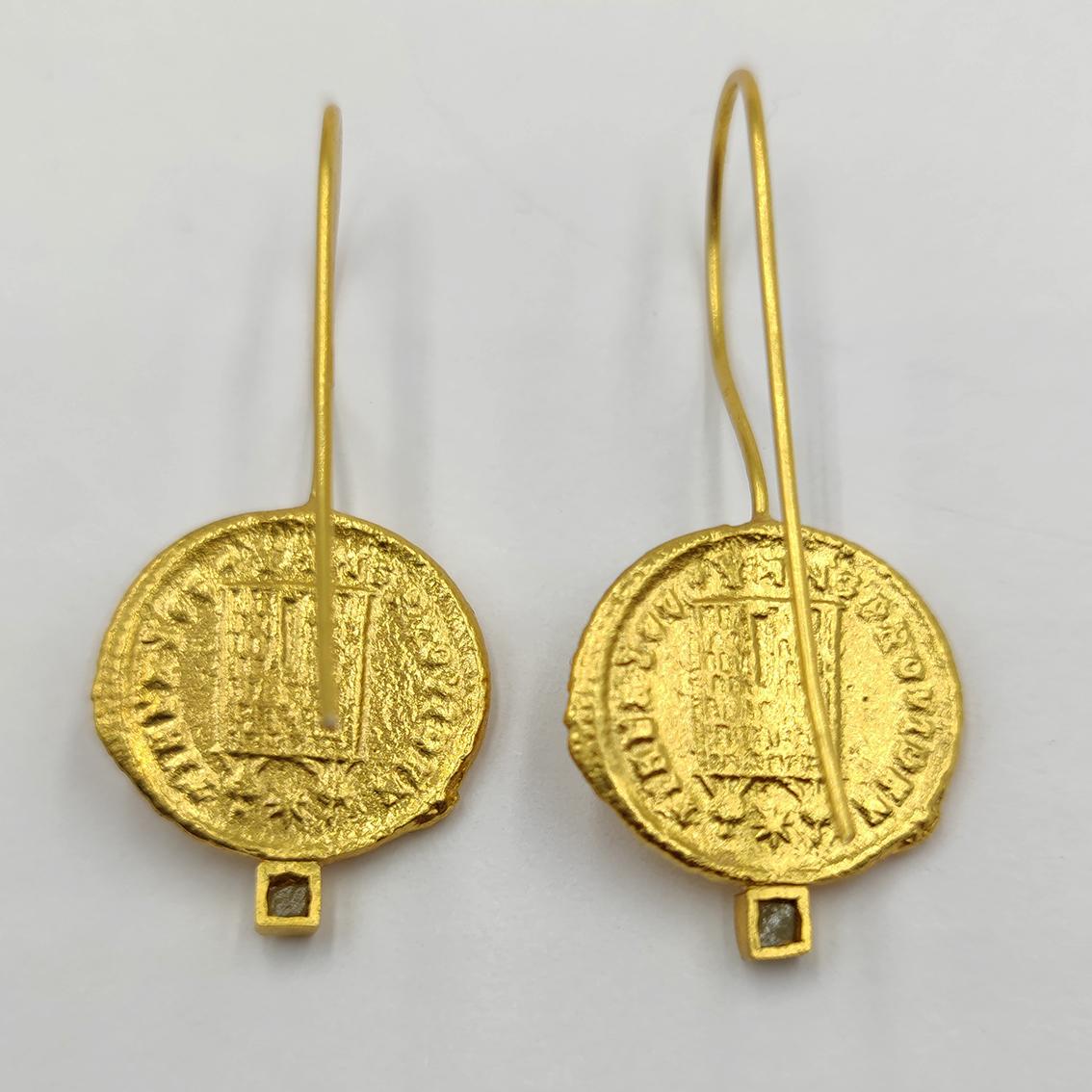 Raw Diamond Ancient Coins 24K Gold Plate Silver Contemporary Modern Earrings In New Condition For Sale In Warszawa, PL
