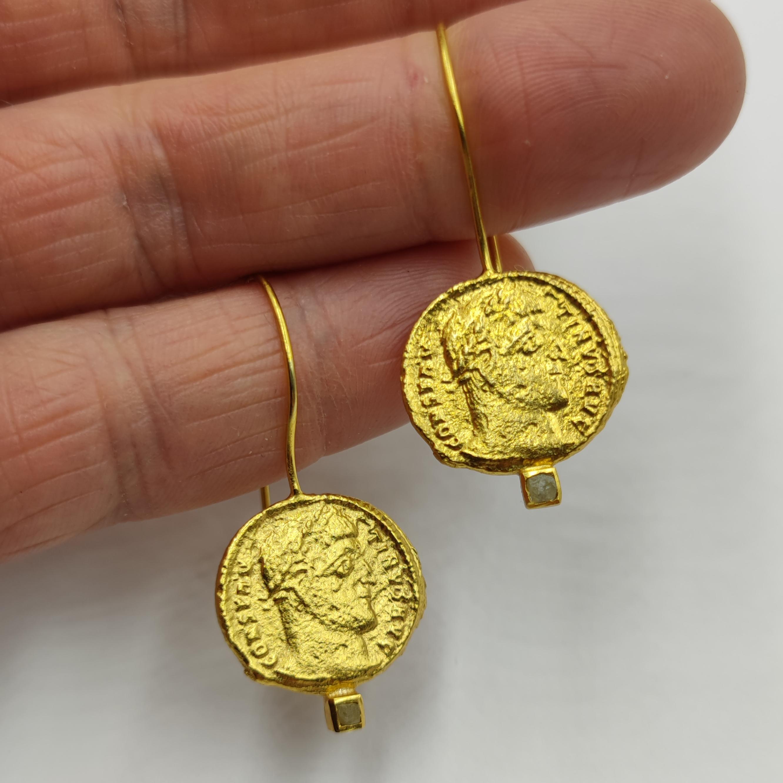 Women's Raw Diamond Ancient Coins 24K Gold Plate Silver Contemporary Modern Earrings For Sale