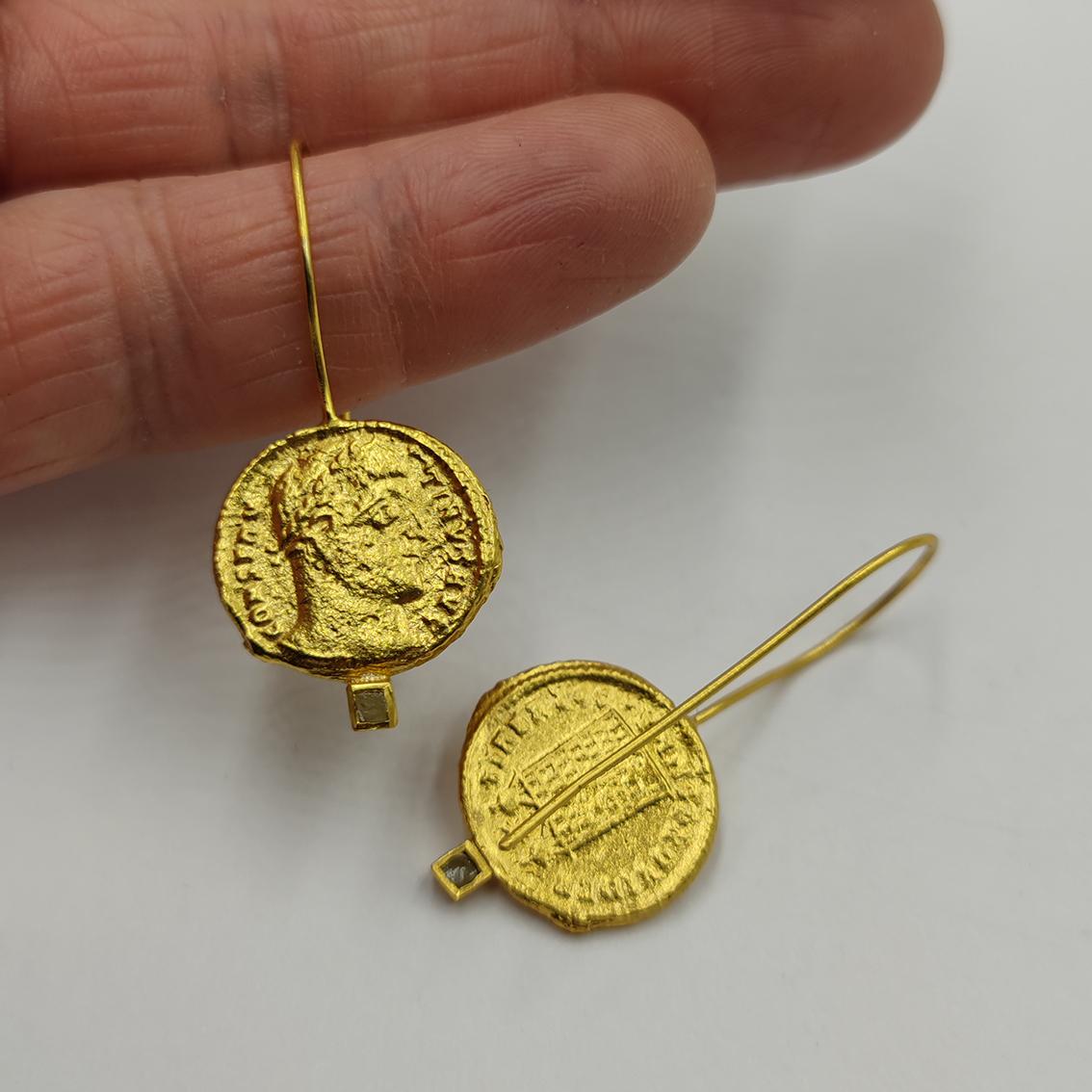 Uncut Raw Diamond Ancient Coins Gold Plate Silver Artist Hand Made Dangle Earrings For Sale