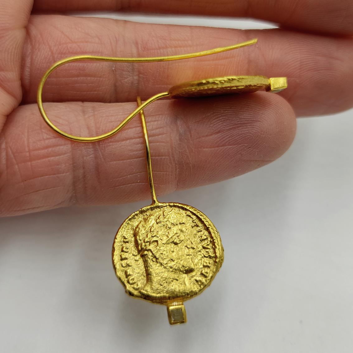 Raw Diamond Ancient Coins Gold Plate Silver Artist Hand Made Dangle Earrings In New Condition For Sale In Warszawa, PL