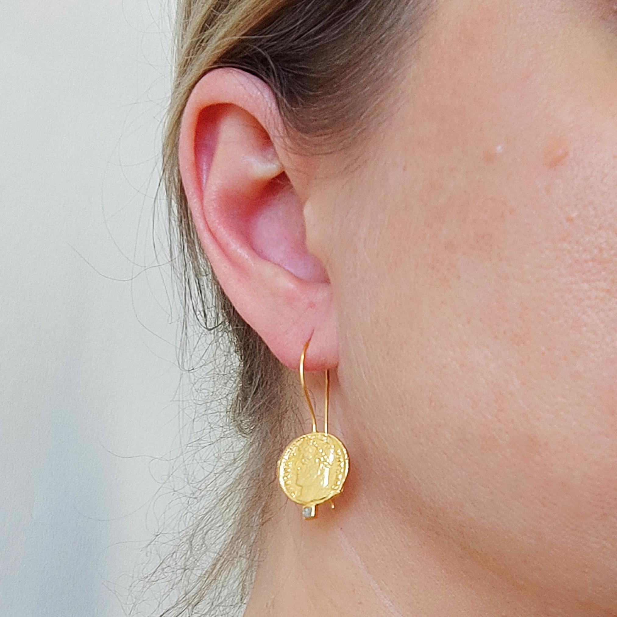 Women's Raw Diamond Ancient Coins Gold Plate Silver Artist Hand Made Dangle Earrings For Sale
