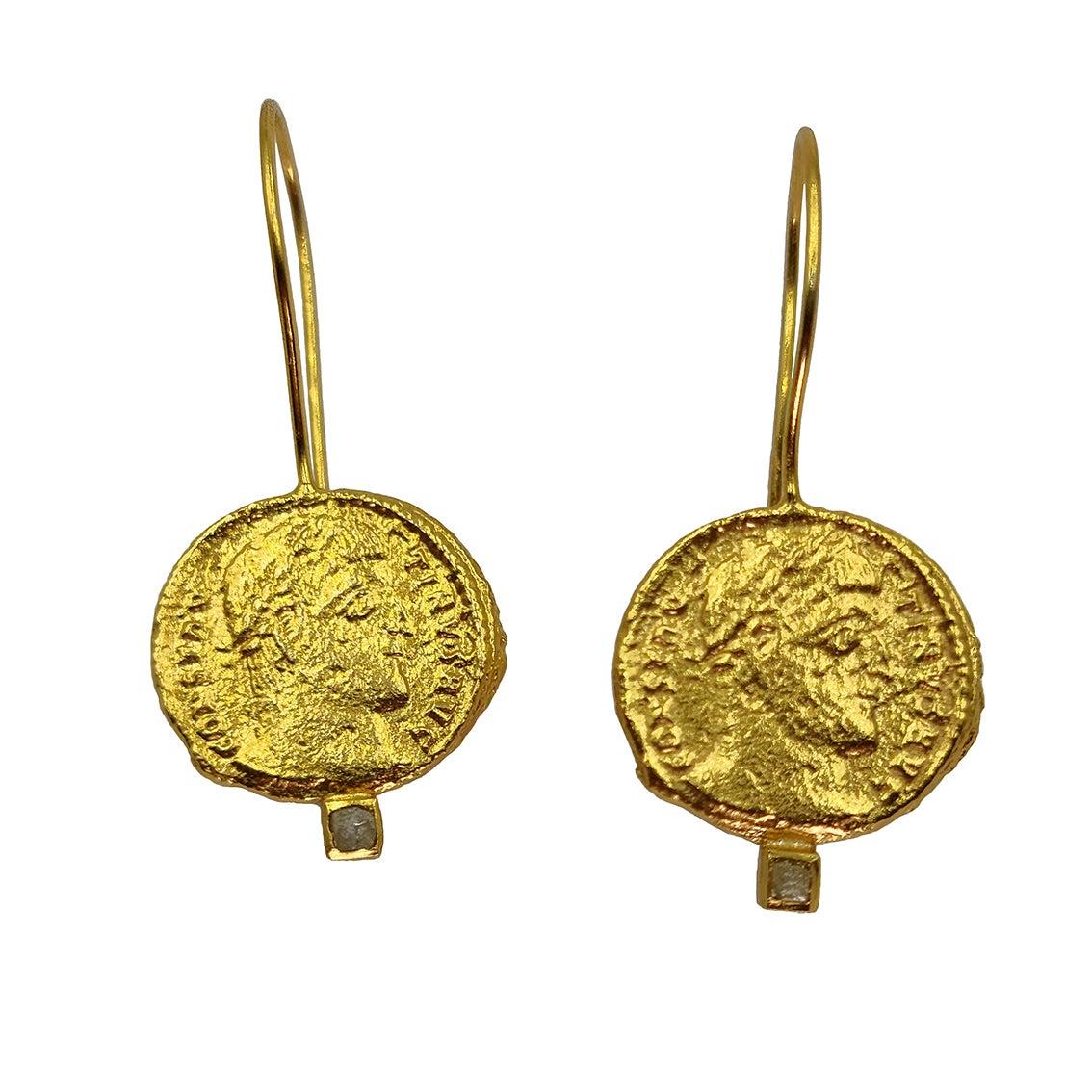 Raw Diamond Ancient Coins Gold Plate Silver Artist Hand Made Dangle Earrings For Sale