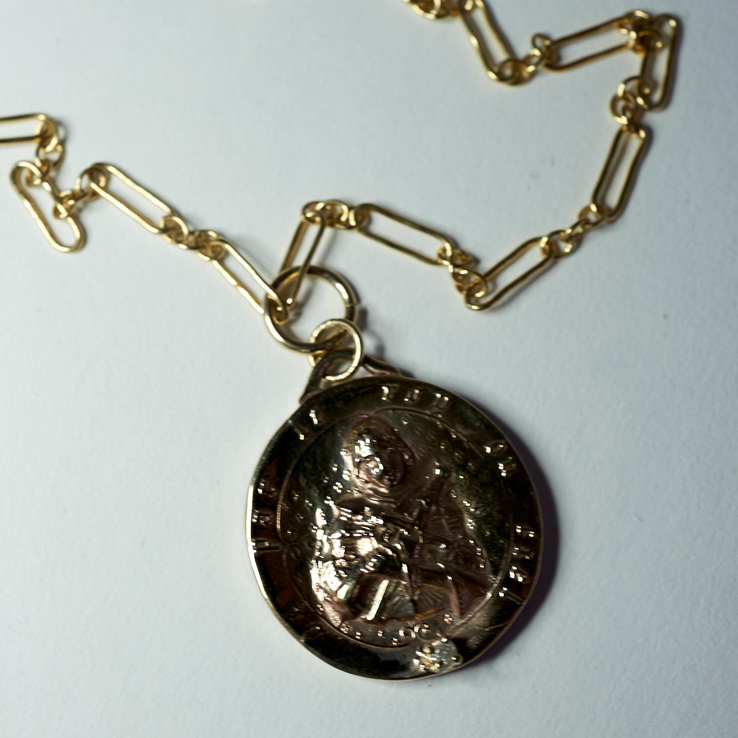 Contemporary Diamond Saint Joan of Arc Medal Coin Pendant Chain Necklace J Dauphin For Sale