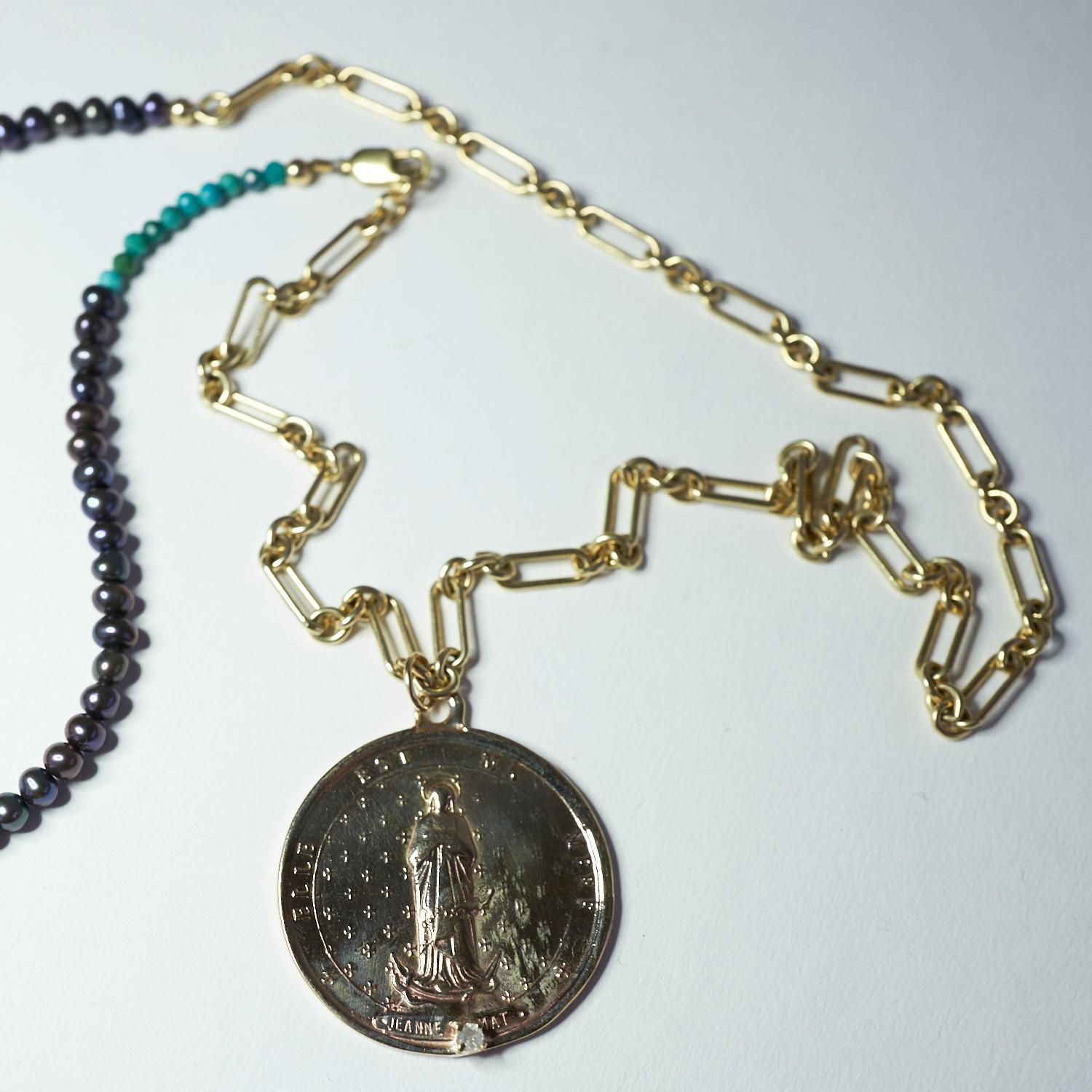 Diamond Black Pearl Medal Coin Pendant Long Chain Necklace Turquoise J Dauphin In New Condition For Sale In Los Angeles, CA