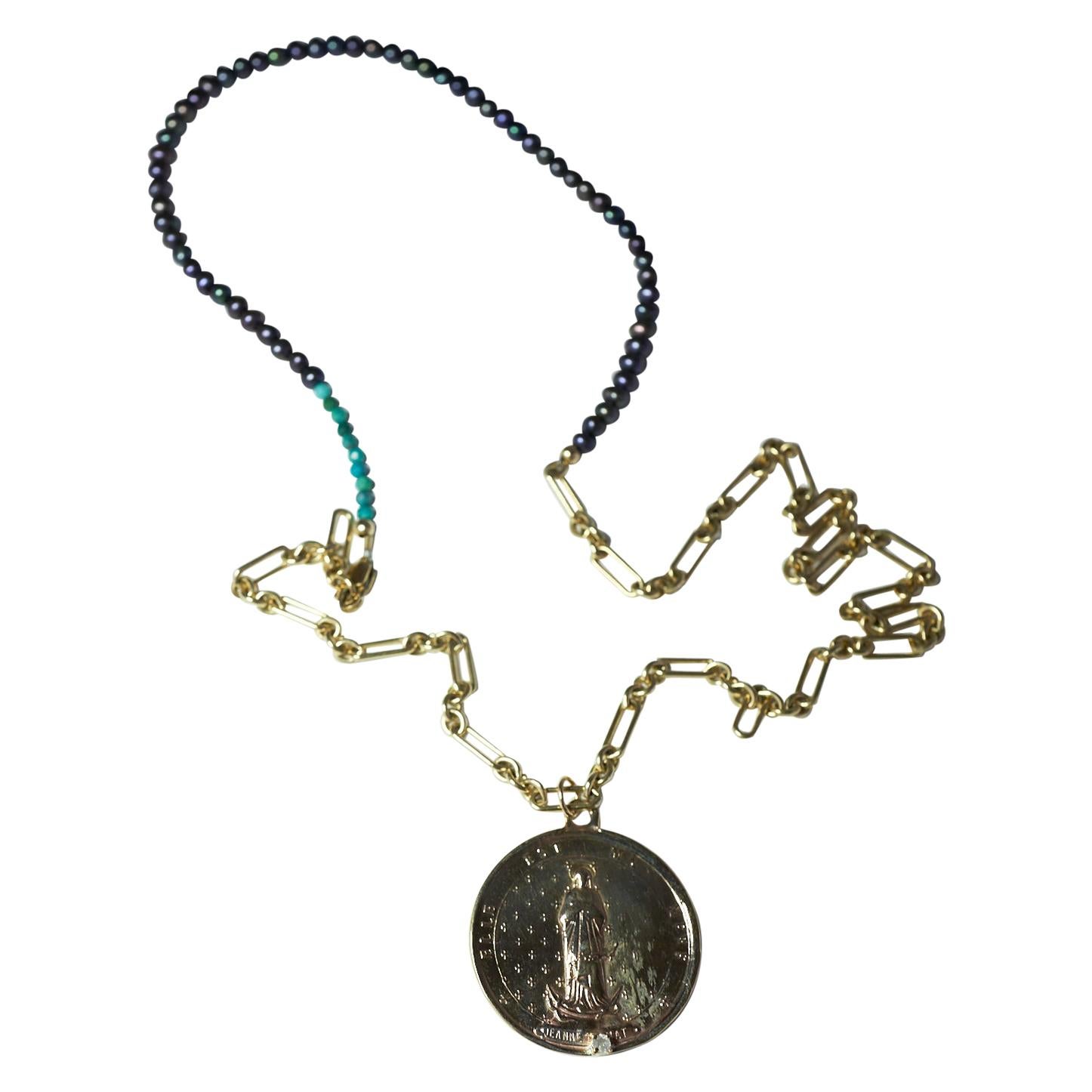 Lange Kette mit Halskette, schwarzer Diamant, schwarze Perle, Medaillon-Anhänger, Türkis J Dauphin