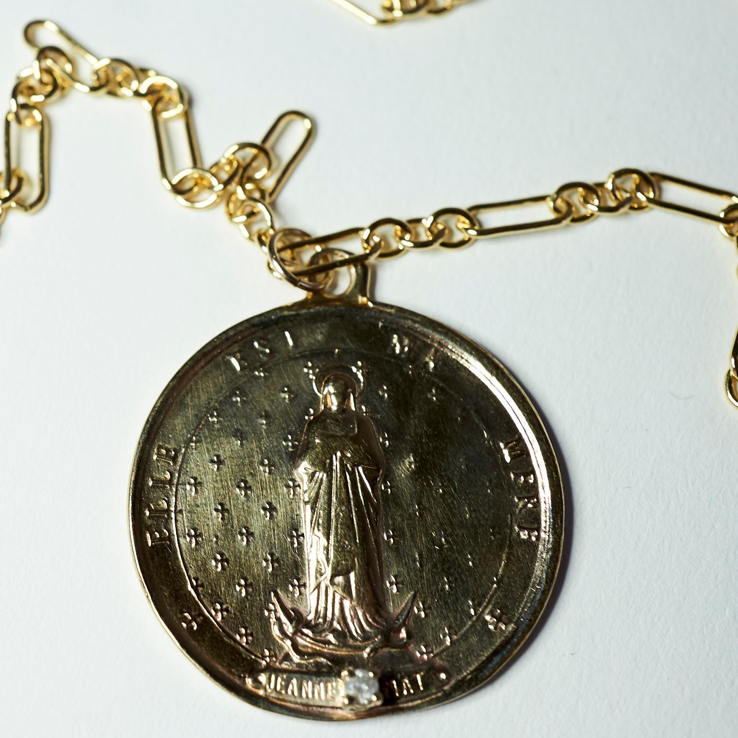 Contemporary Diamond Medal Coin Necklace Saint Jeanne Le Mat Chain J Dauphin For Sale