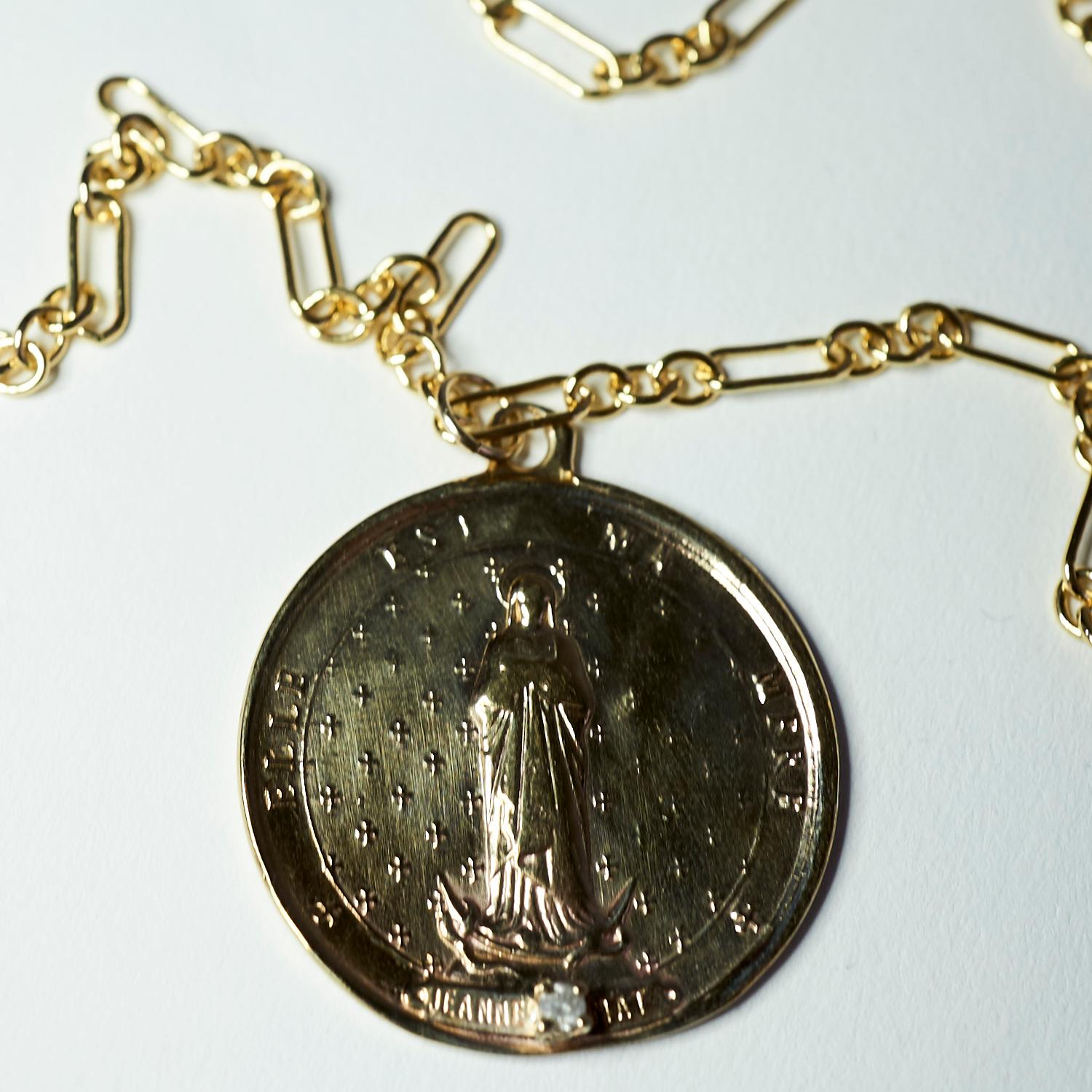 Contemporary Diamond Medal Coin Necklace Saint Jeanne Le Mat Chain J Dauphin For Sale