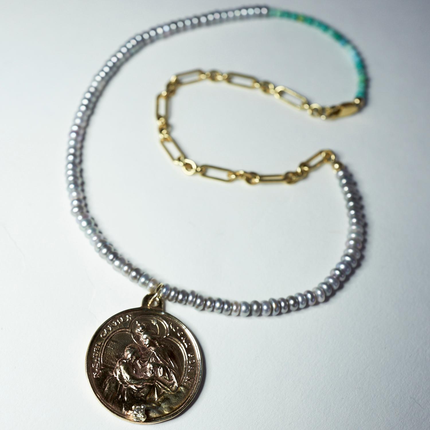 Diamond Virgin Mary Medal Silver Coin Choker Pearl Chain Necklace J Dauphin In New Condition In Los Angeles, CA