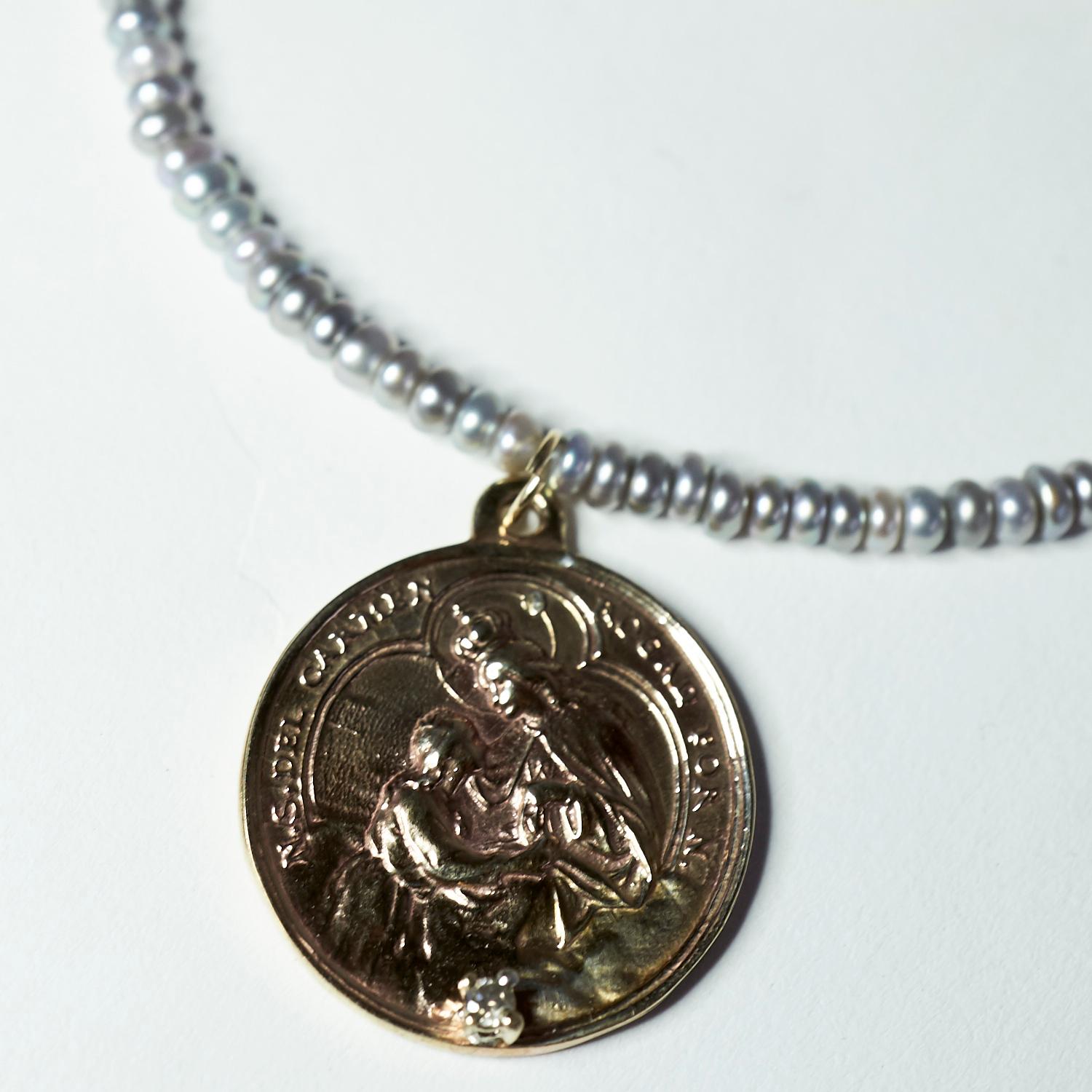 Raw Diamond Virgin Mary Medal Silver Coin Pendant Choker Silver Pearl Turquoise Bead Gold Filled Chain 16
