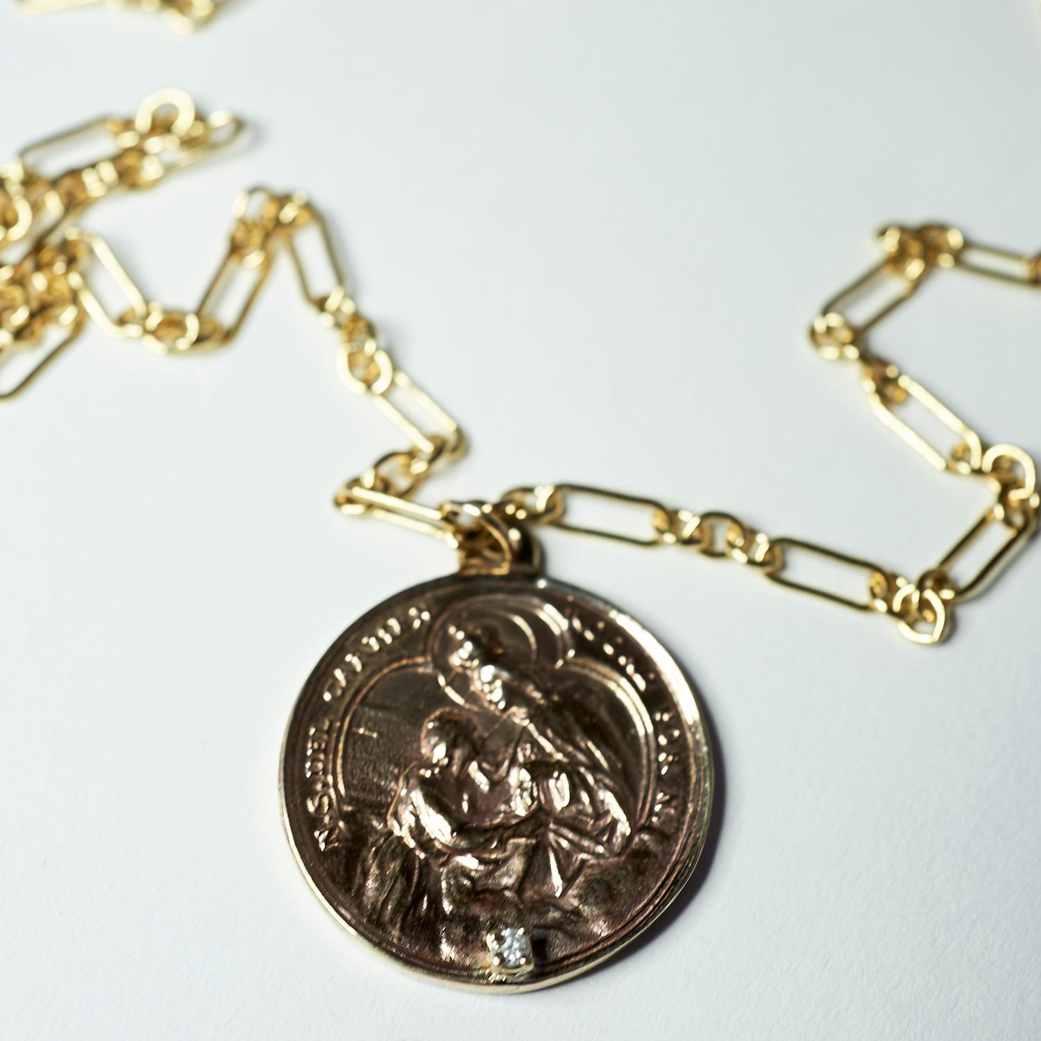 Diamond Virgin Mary Medal Coin Pendant Chain Necklace 24