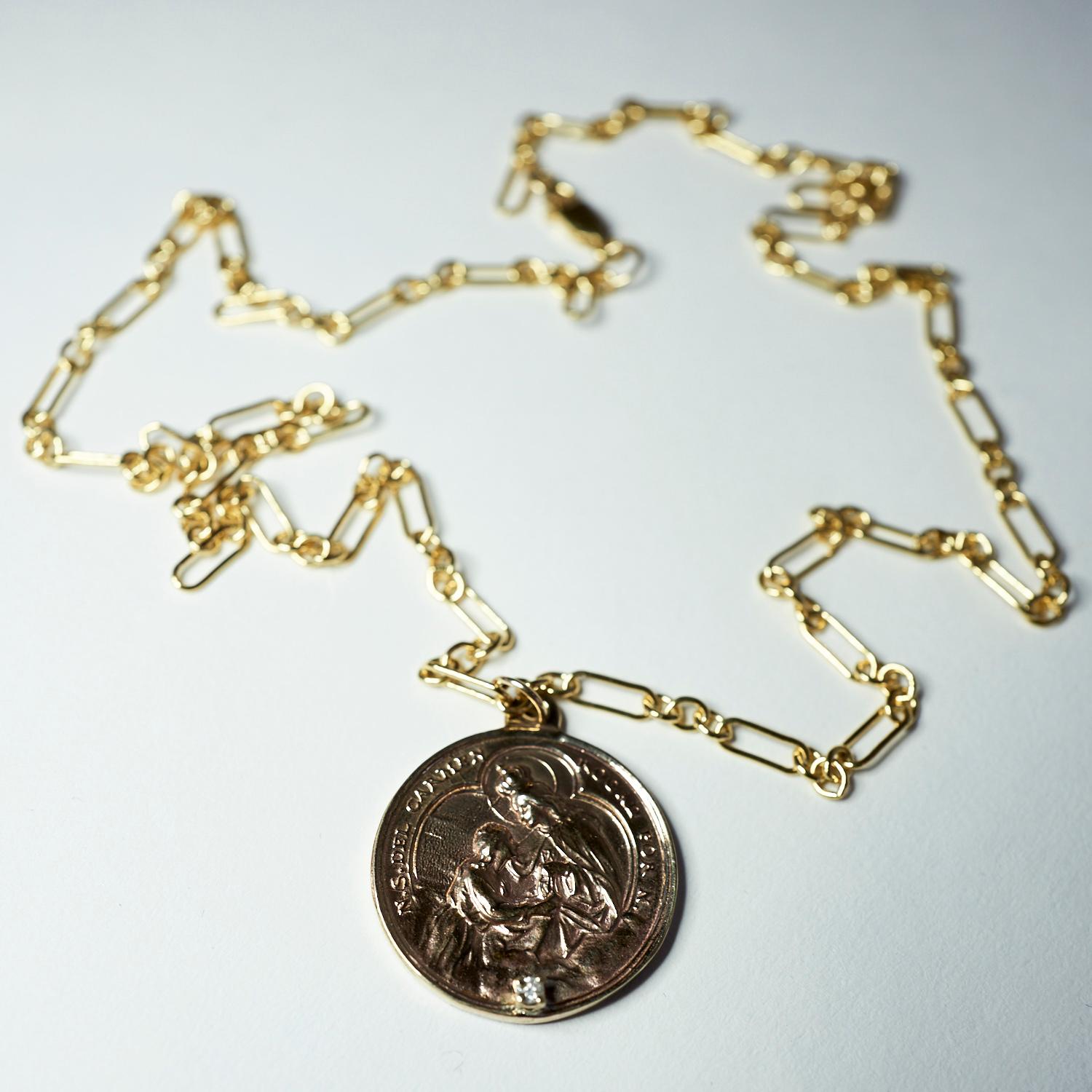 Contemporary Diamond Virgin Mary Medal Coin Pendant Chain Necklace J Dauphin For Sale