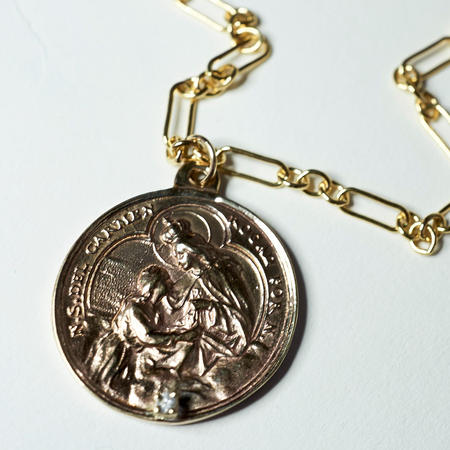 Brilliant Cut Diamond Virgin Mary Medal Coin Pendant Chain Necklace J Dauphin For Sale