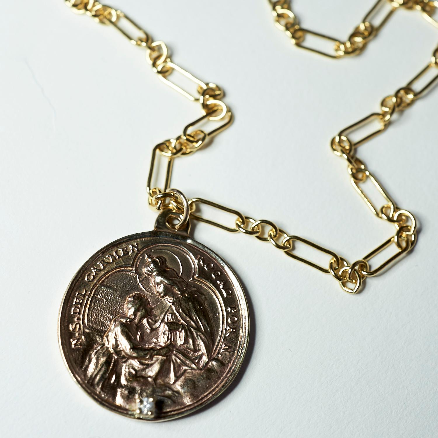 Diamond Virgin Mary Medal Coin Pendant Chain Necklace J Dauphin In New Condition For Sale In Los Angeles, CA