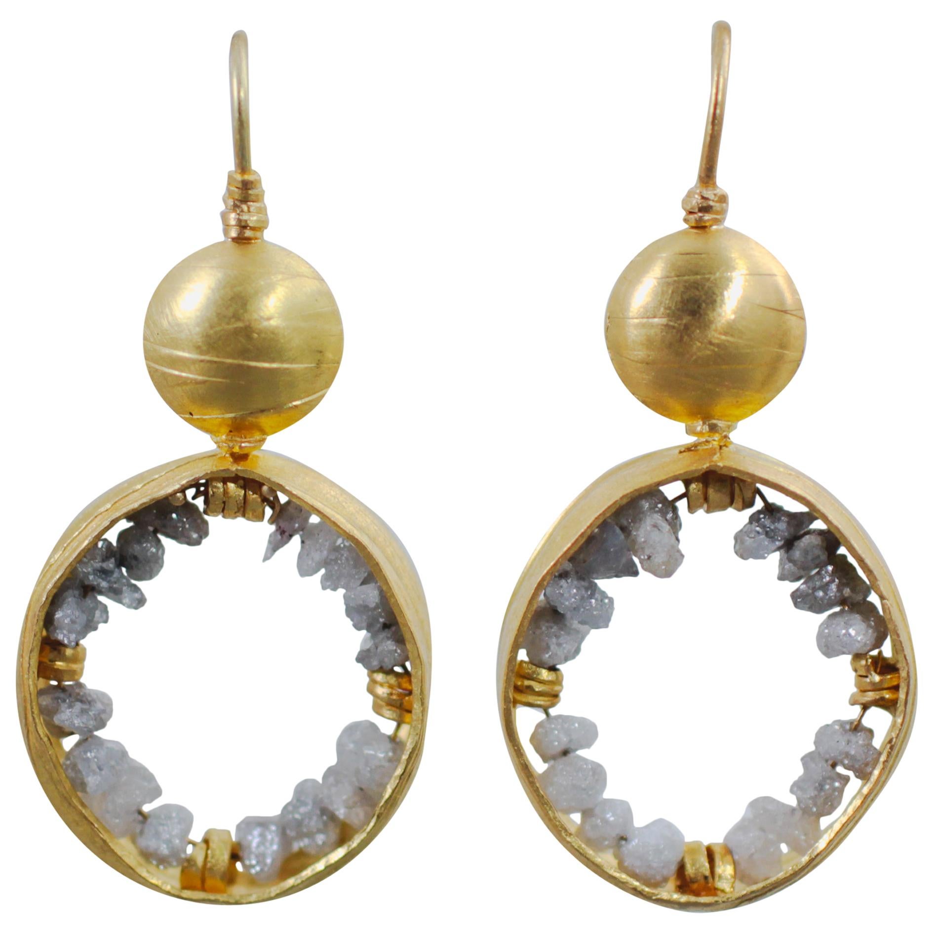 Raw Diamonds 22-21 Karat Gold Drop Hoop Earrings Bridal Christmas Gift