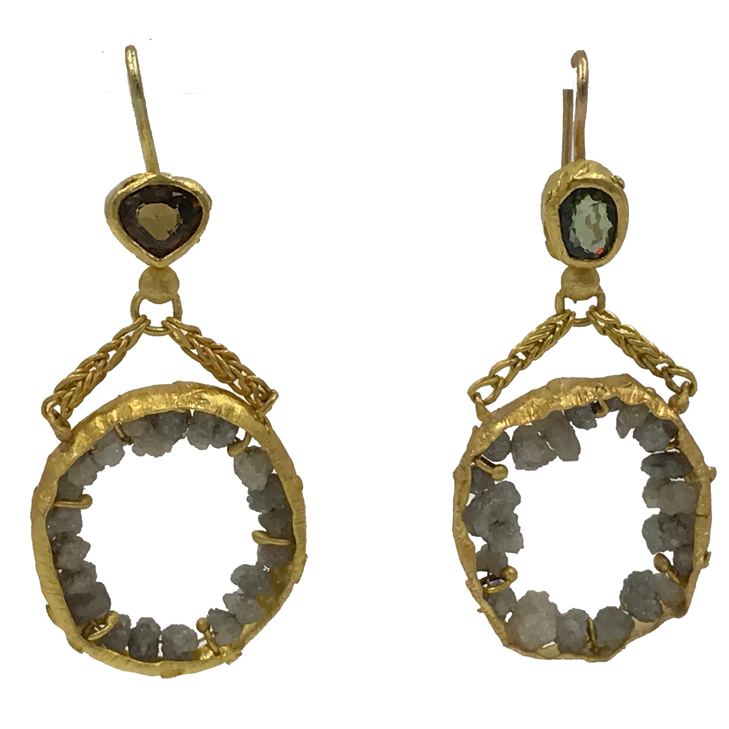 Raw Diamonds Demantoid Garnets 22 Karat 21K Gold Dangle Chandelier Earrings   For Sale
