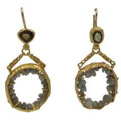 Raw Diamonds Demantoid Garnets 22 Karat 21K Gold Dangle Chandelier Earrings  