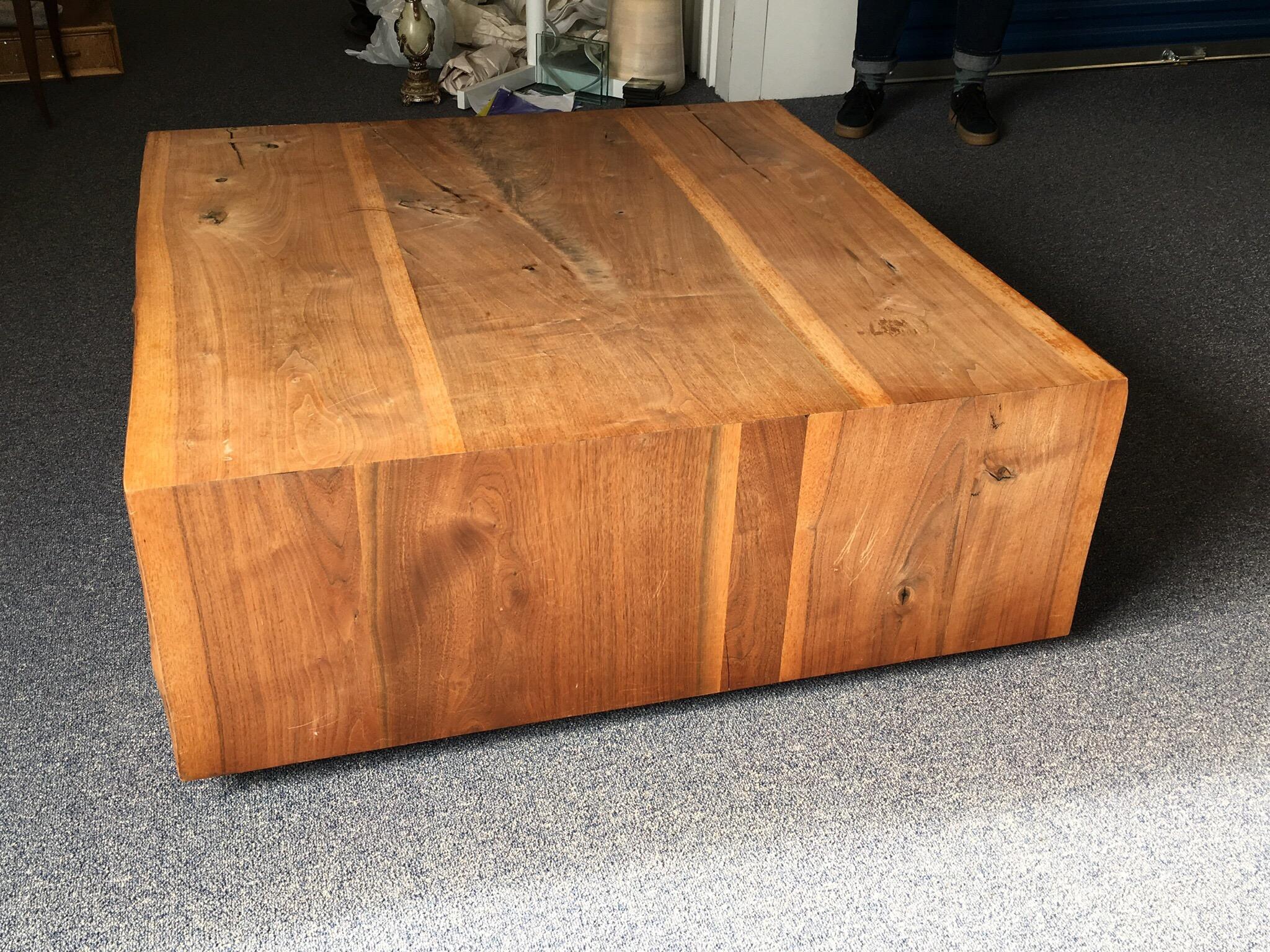 Raw Edge Wood Slab Square Coffee Table.  Four slab pieces, mitered edge corners with bow tie key joinery on the top. Wood feet with felt pads to protect wood floors.  Solid wood, beautiful coffee table. Significant wear and fading to finish.  Some