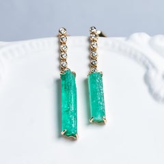 Raw Emerald Diamond Drop Earrings in 14K Yellow Gold